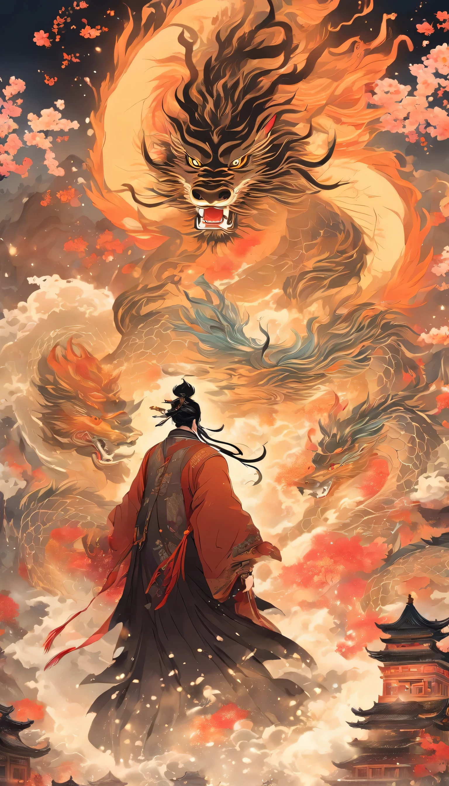 Chinese style,中景 the scene is,Taoist priest standing in front of a huge black Qilin,Want to fly。,stretch out your hands,messy long hair,glow effect,surreal,Super real photos,Chinese black and white ink style,silver,decolorization,soil,ink,8K,Super fine,high quality,(((Overclocked renderer)))