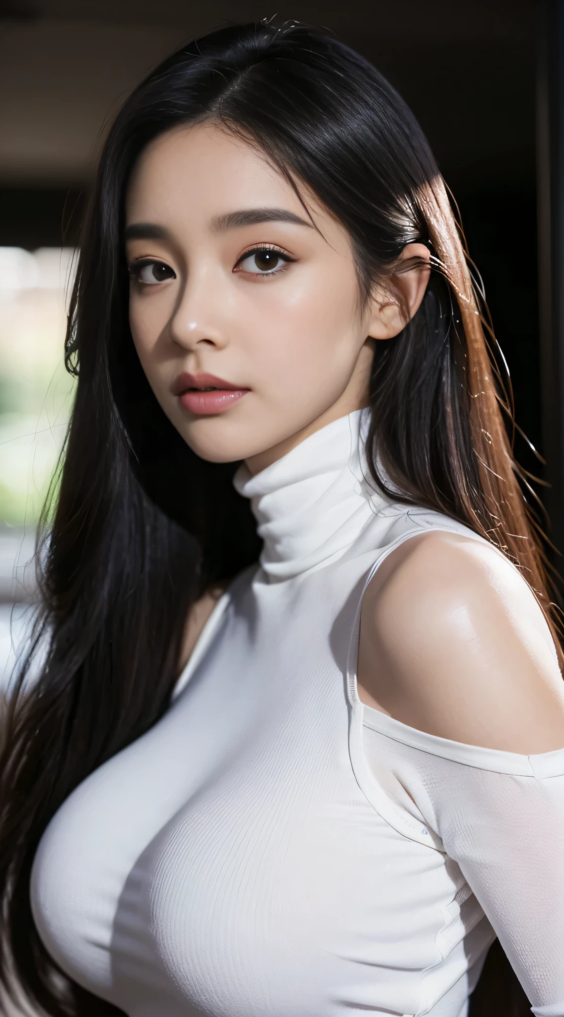 masterpiece, best quality, ultra high resolution (realism: 1.4), original photo, 35mm lens., F1 aperture.4, movie poster, light and shadow, female, a white cardigan, The cleavage is visible, long black hair, real skin, (skin detail: 1.3),