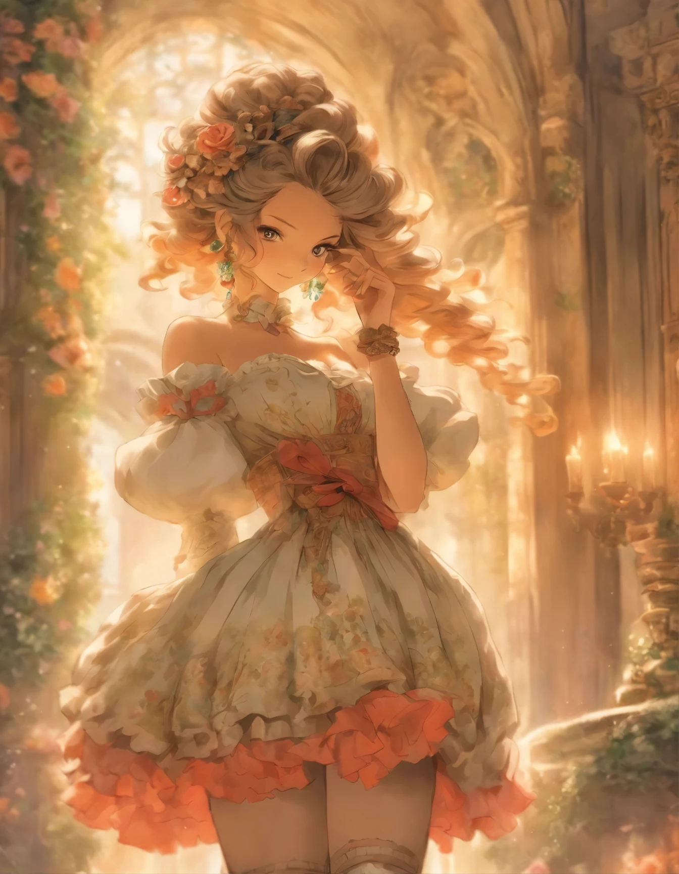 a drawing of a woman in a dress and stockings holding a purse, an anime drawing by Ayami Kojima, pixiv, rococo, boris valejo. octopath traveler, boho chic | | very anime!!!, highly detailed exquisite fanart, beautiful drawing style, ”beautiful anime woman, beautiful illustration, highly detailed character design, wearing an ornate outfit