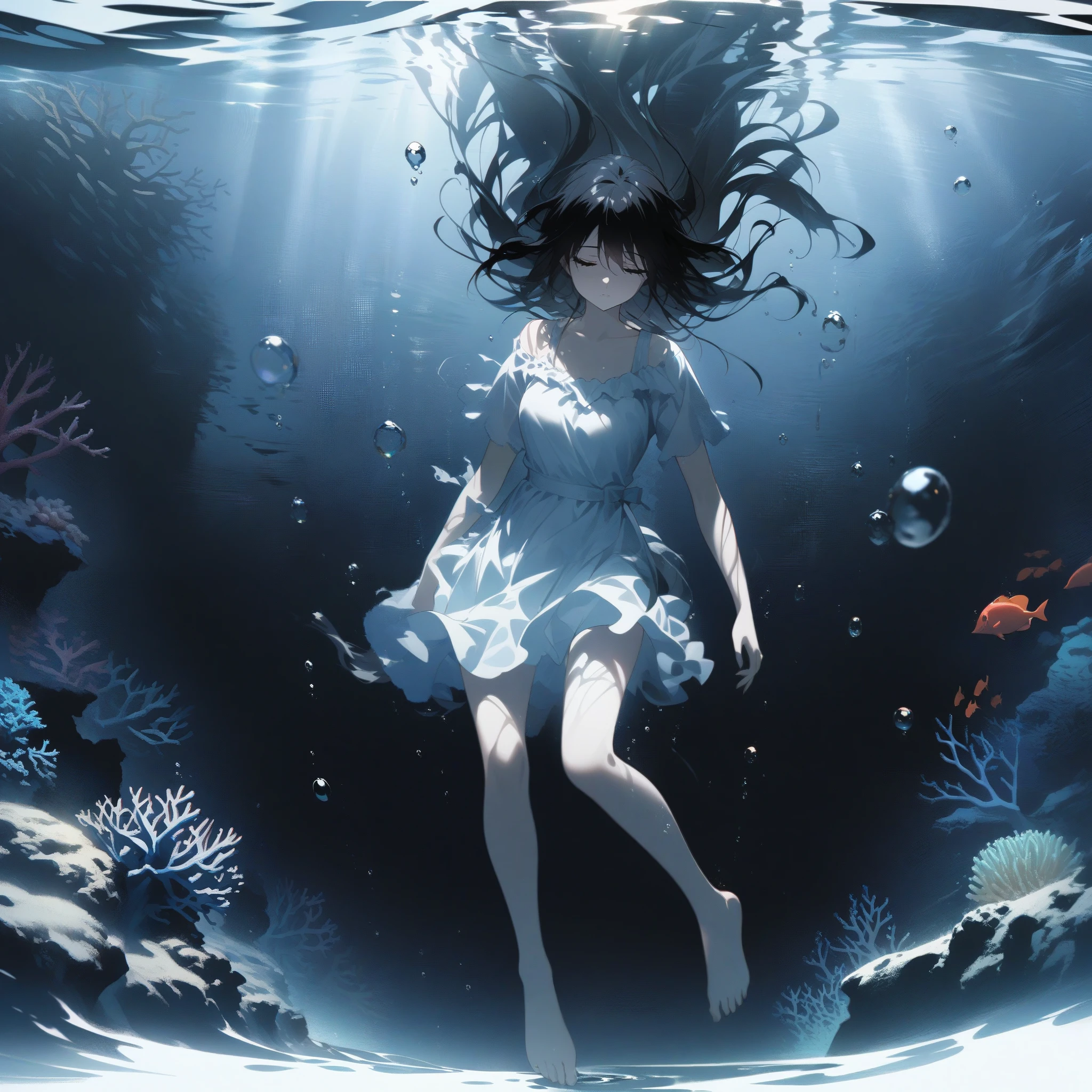 1girl、black hair、Close ~ eyes、barefoot、Floating in water、sink in water、drowning、Bubble、deep sea、Black Sea、coral、Image of a woman floating in water with flowing hair、Visual distortion underwater、dramatic artwork、deep shadows、highest quality、masterpiece