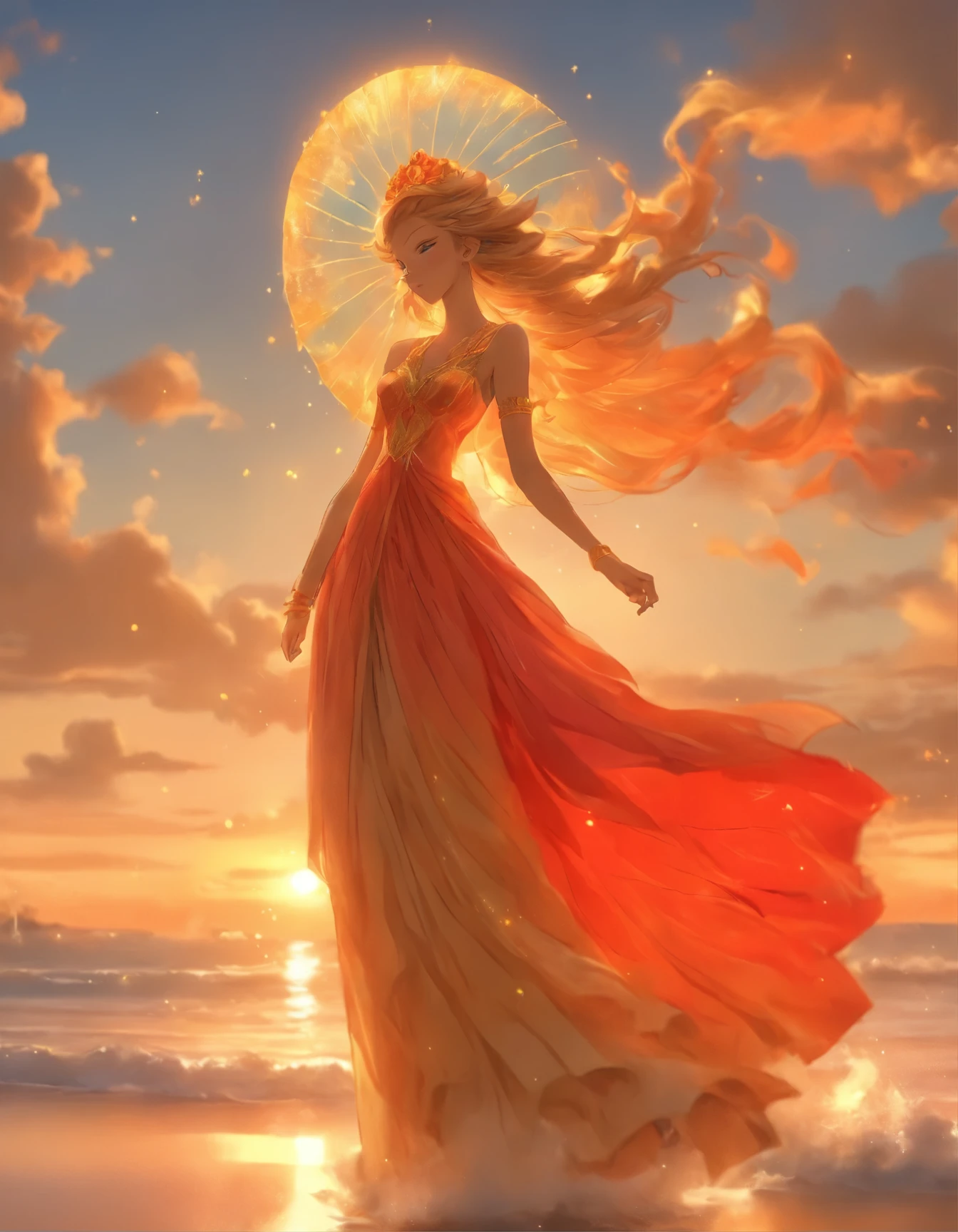 araffe woman in a long dress on the beach with a red umbrella, as a heavenly angel, the sailor galaxia. beautiful, orange yellow ethereal, inspired by Delphin Enjolras, real photoshoot queen of oceans, wearing a dress of gossamer gold, modeling, dressed in colorful silk, inspired by Joseph Kleitsch, gorgeous beautiful