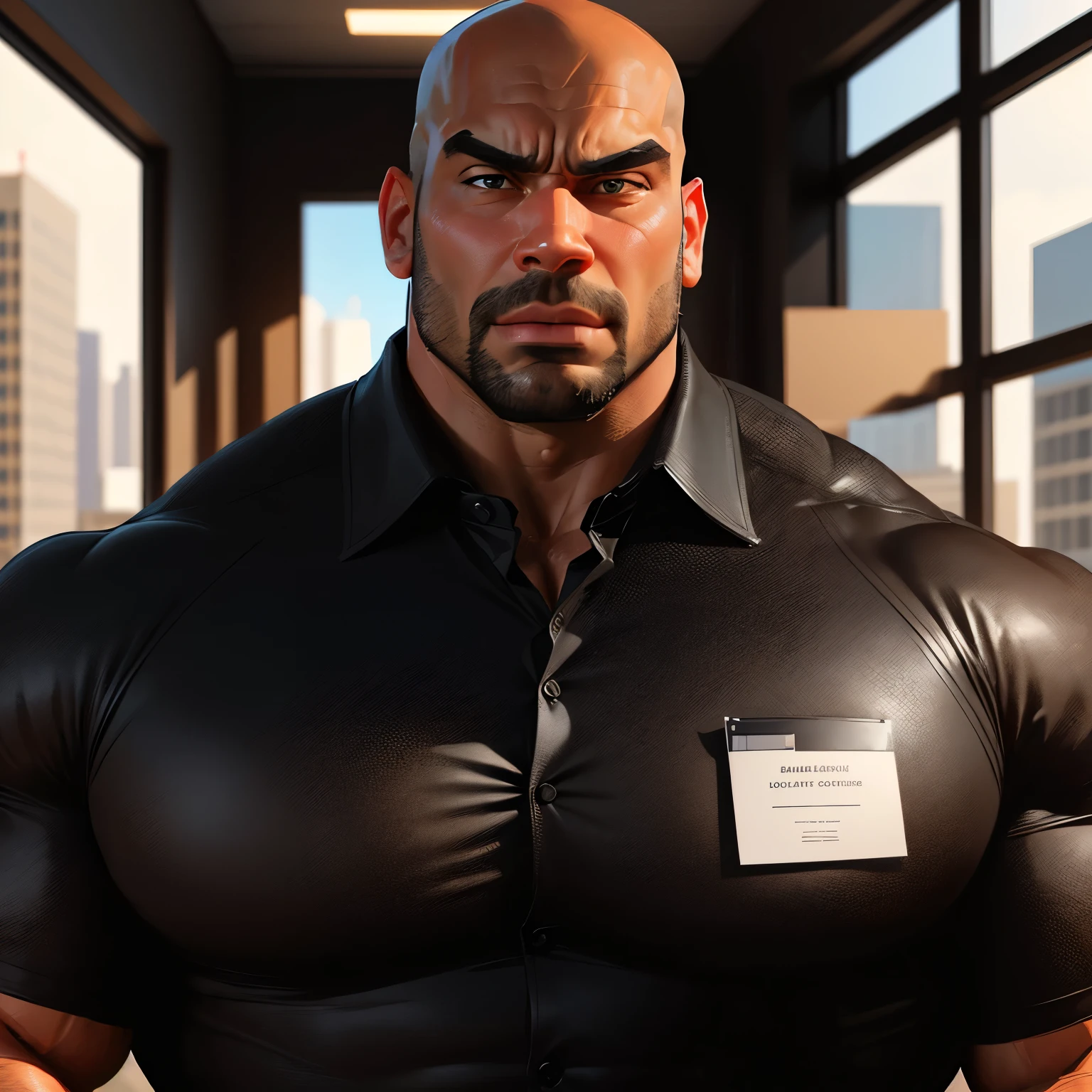 an exaggeratedly muscular and large bald bodyguard, beefy build, mixed race, surprised expression, (wearing black business casual collared shirt: 1.2), name tag, (bara pecs: 1.3), (arm and chest hair: 1.1), close-up portrait HD, bright corporate office with large windows