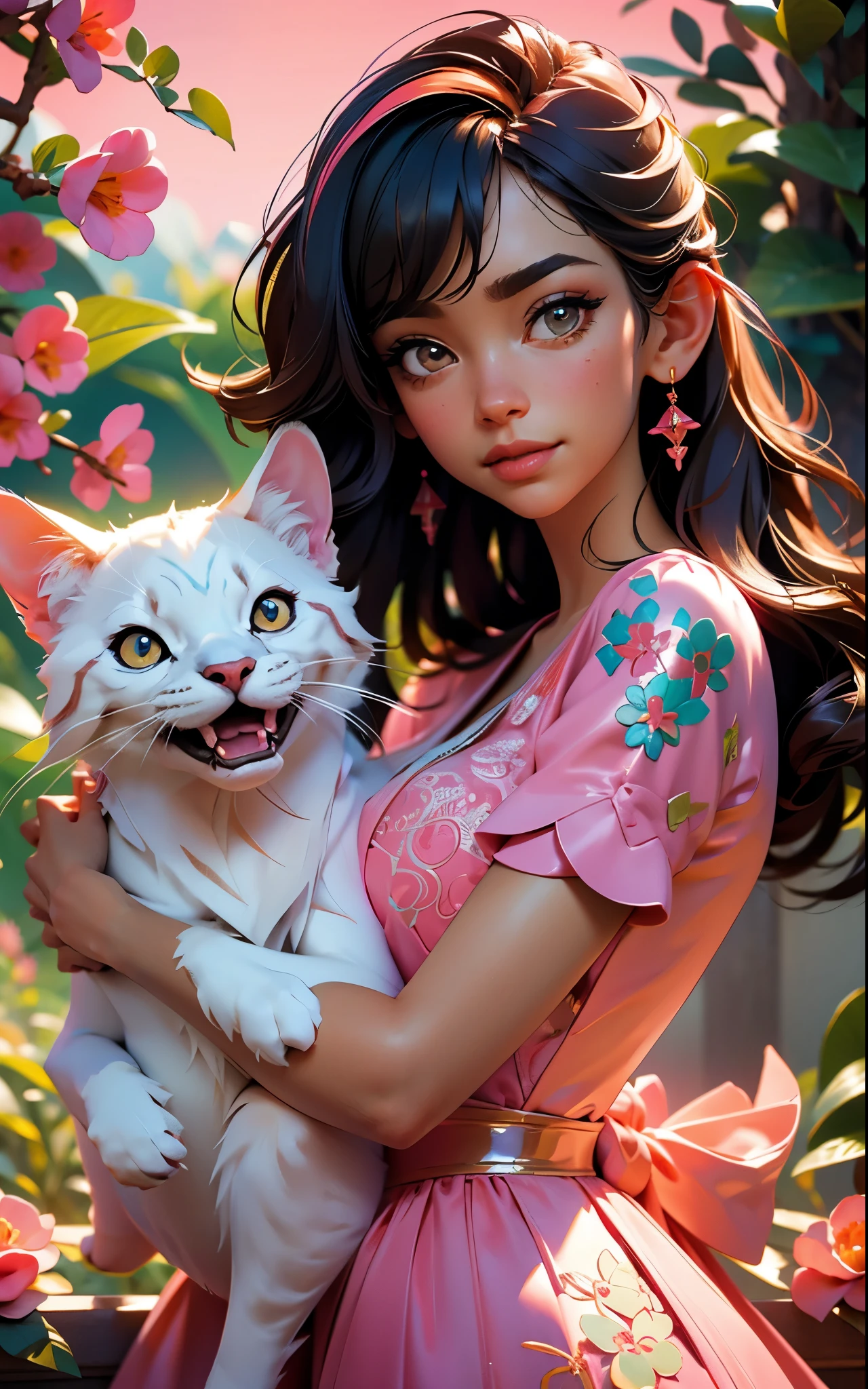 pink dress, smile, highres,sharp focus,(ultra detailed,extremely detailed),(photorealistic artwork:1.37),(extremely detailed CG unity 8k wallpaper),(((vibrant colors,vibrant theme))),(intricate),(masterpiece),(best quality),artistic photography,(photography taken by sldr),(intricate background),perfect rendered face,perfect face details,realistic face,photo realistic,analog style,((intricate detail)),(((realism))), her pet
