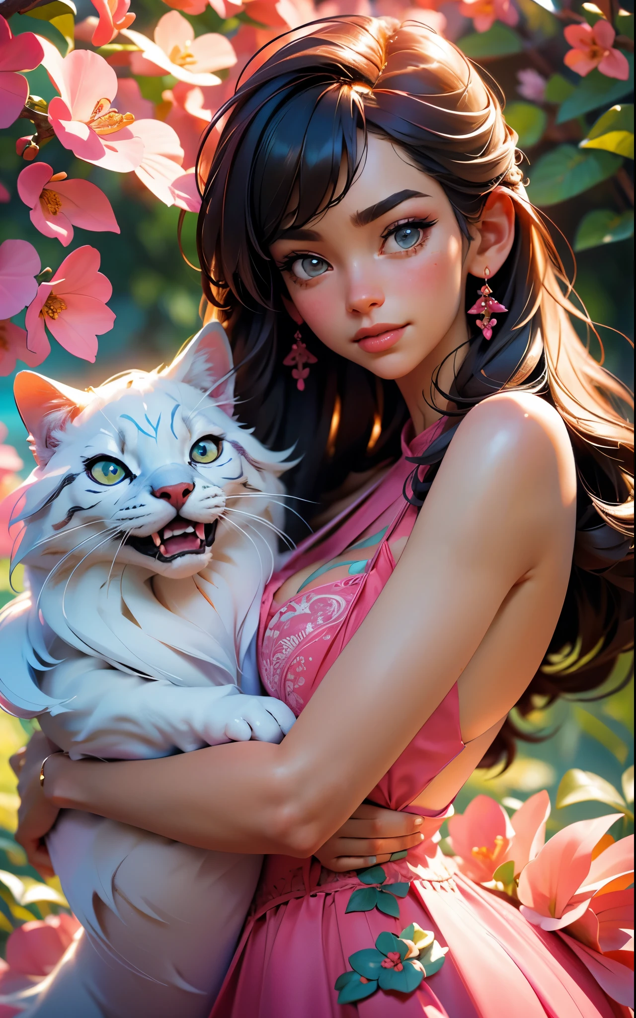 pink dress, smile, highres,sharp focus,(ultra detailed,extremely detailed),(photorealistic artwork:1.37),(extremely detailed CG unity 8k wallpaper),(((vibrant colors,vibrant theme))),(intricate),(masterpiece),(best quality),artistic photography,(photography taken by sldr),(intricate background),perfect rendered face,perfect face details,realistic face,photo realistic,analog style,((intricate detail)),(((realism))), her pet