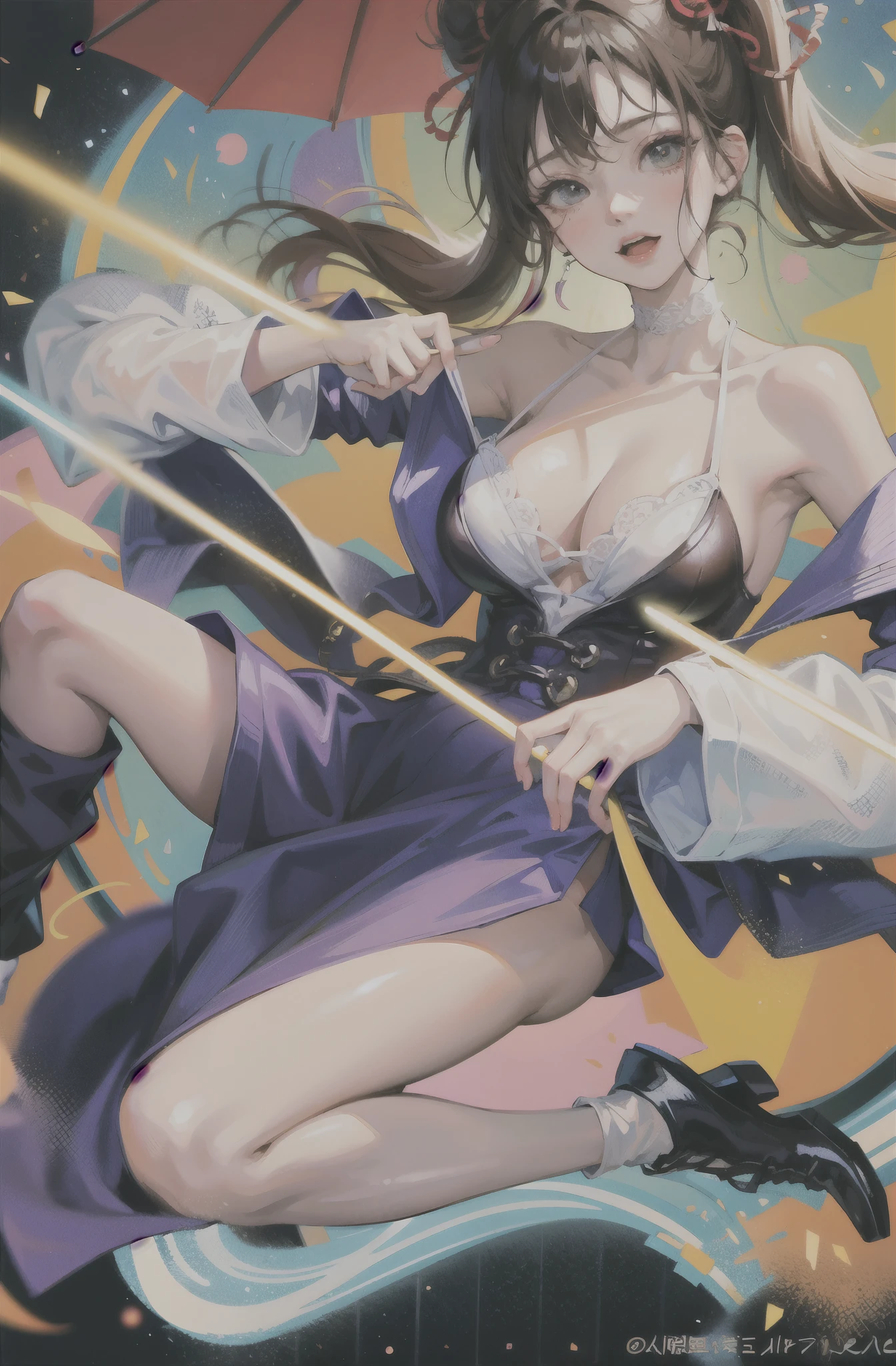 Anime character lying on the ground with an umbrella in the background, full color manga cover, manga cover style, manga comic book cover, manga cover, manga cover art, anime cover, manga cover, Full color manga visual style, by Yanagawa Nobusada, naughty style, manga cover, bottom corner, shojo manga, color manga panel, shoujo manga