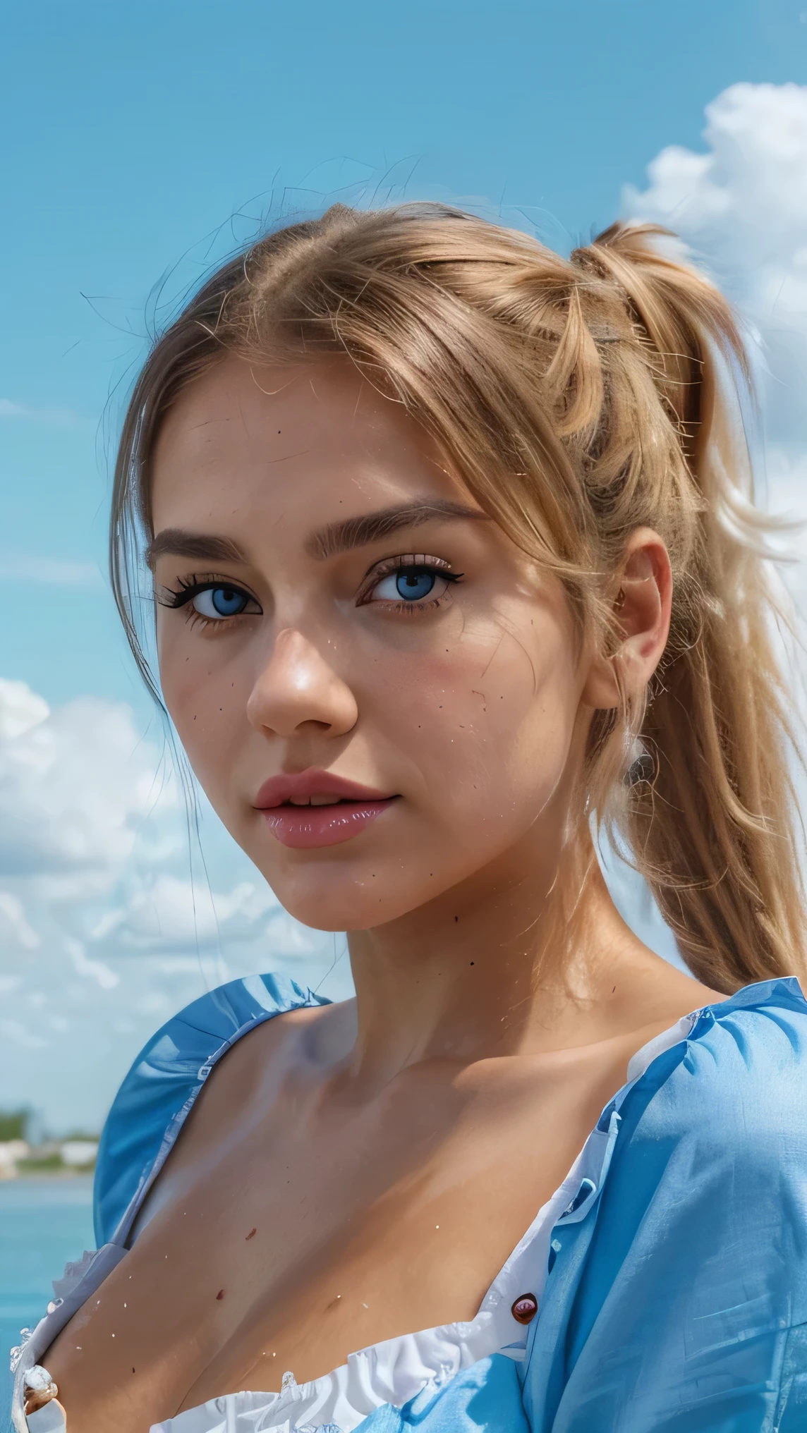 (extremely detailed CG Unit 8k wallpaper) full body portrait of Alice in Wonderland, most beautiful girl in the world, ((extreme close up: 1.2)), ((medium shot: 1.2)), Instagram filters, beautiful girl Alice in Wonderland, ( () ), (instagram model) , (()), ((tanned skin:1.2) ), (blush) long hair, (freckles:0.75) , detailed symmetrical face, ( medium blonde hair:1.2), (ponytail:1.2), ((blue eyes)), reflective eyes, (makeup), (red lipstick), (bright lips), (white sclera), (strong jaw) () thigh socks), ((Wonderland)), blue sky, white clouds,,
