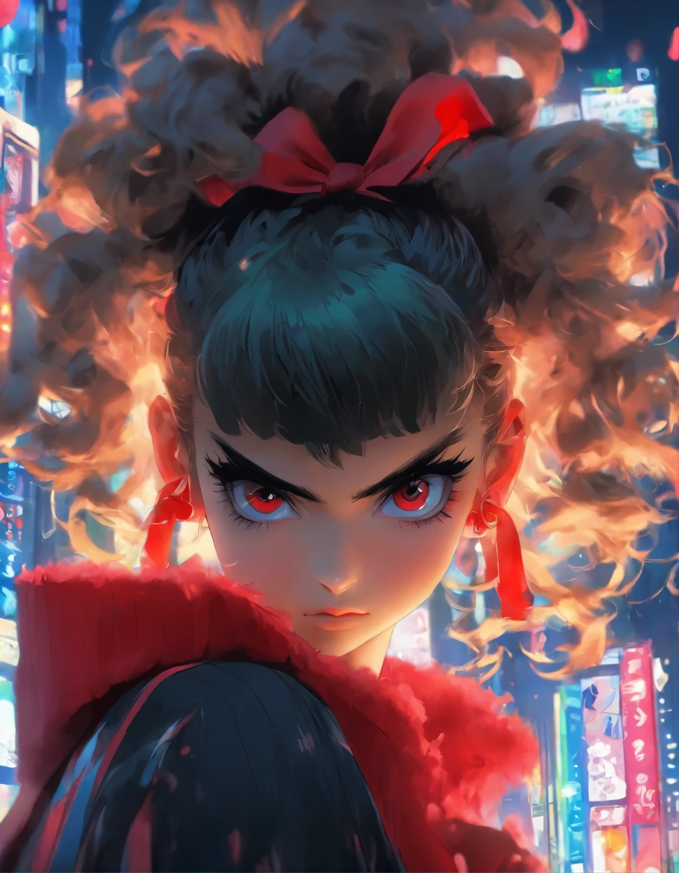 arafed woman with a red bow and a black jacket, curly bangs, curly bangs and ponytail, fluffy bangs, messy bangs, she looks like a mix of grimes, black hair and large eyes, ((red)) baggy eyes, 1 7 - year - old goth girl, she has black hair with bangs, curtain bangs, goth girl aesthetic