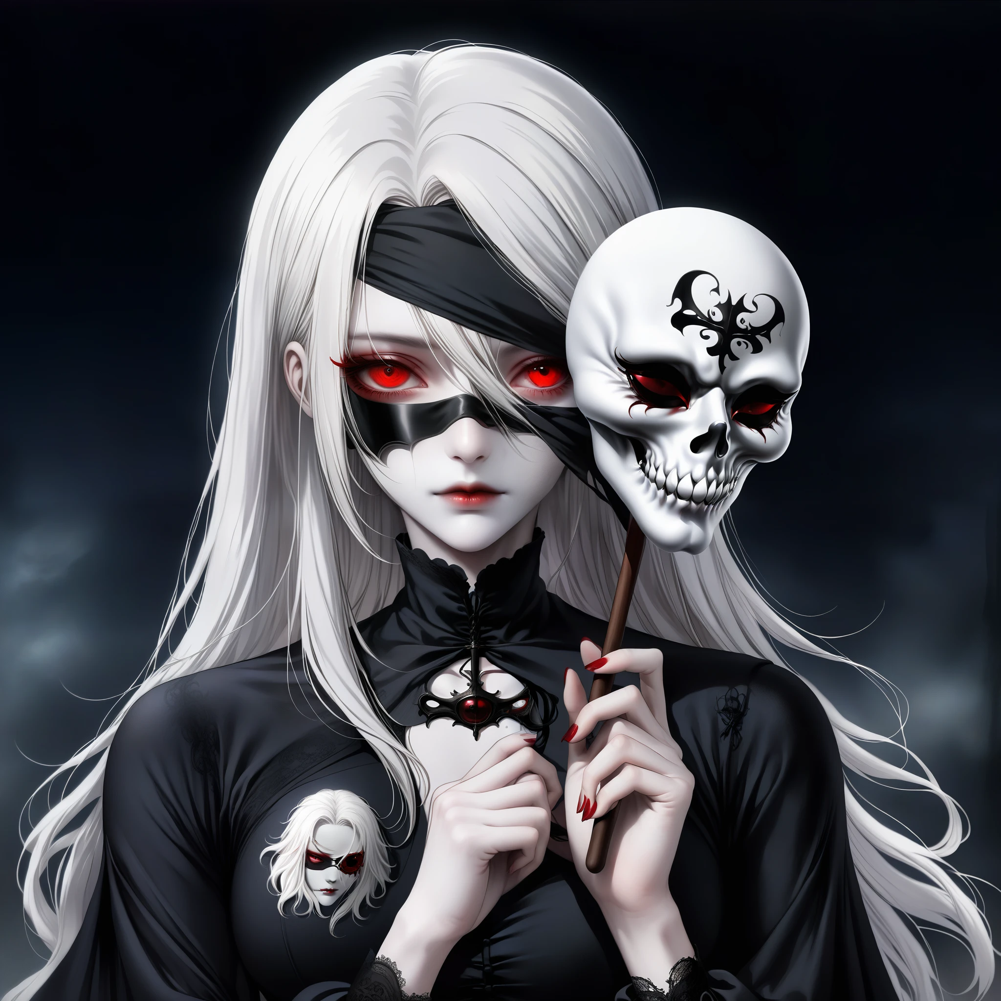 （Holding a mask in hand：1.5），（White-haired ghost wearing an eyepatch，straight hair，red eyes），（gothic art），（fear：1.5），（Correct human anatomy：1.37）