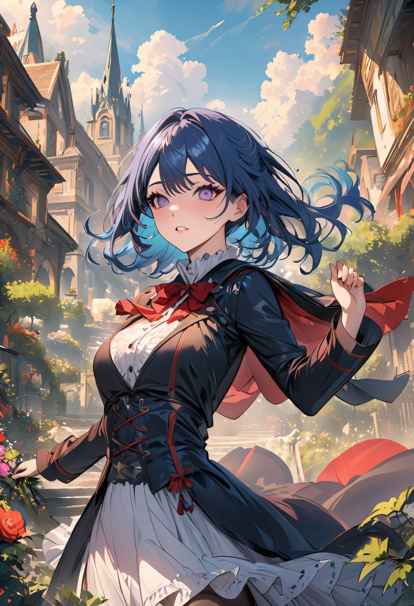 (masterpiece:1.4), (best quality:1.4), Very detailed, complex, Super detailed, illustration,soft light, breath-taking scenery, 1 girl, disgust, navy blue hair, rich and colorful, Colorful, from_more than ,vampire_Costumes , track 