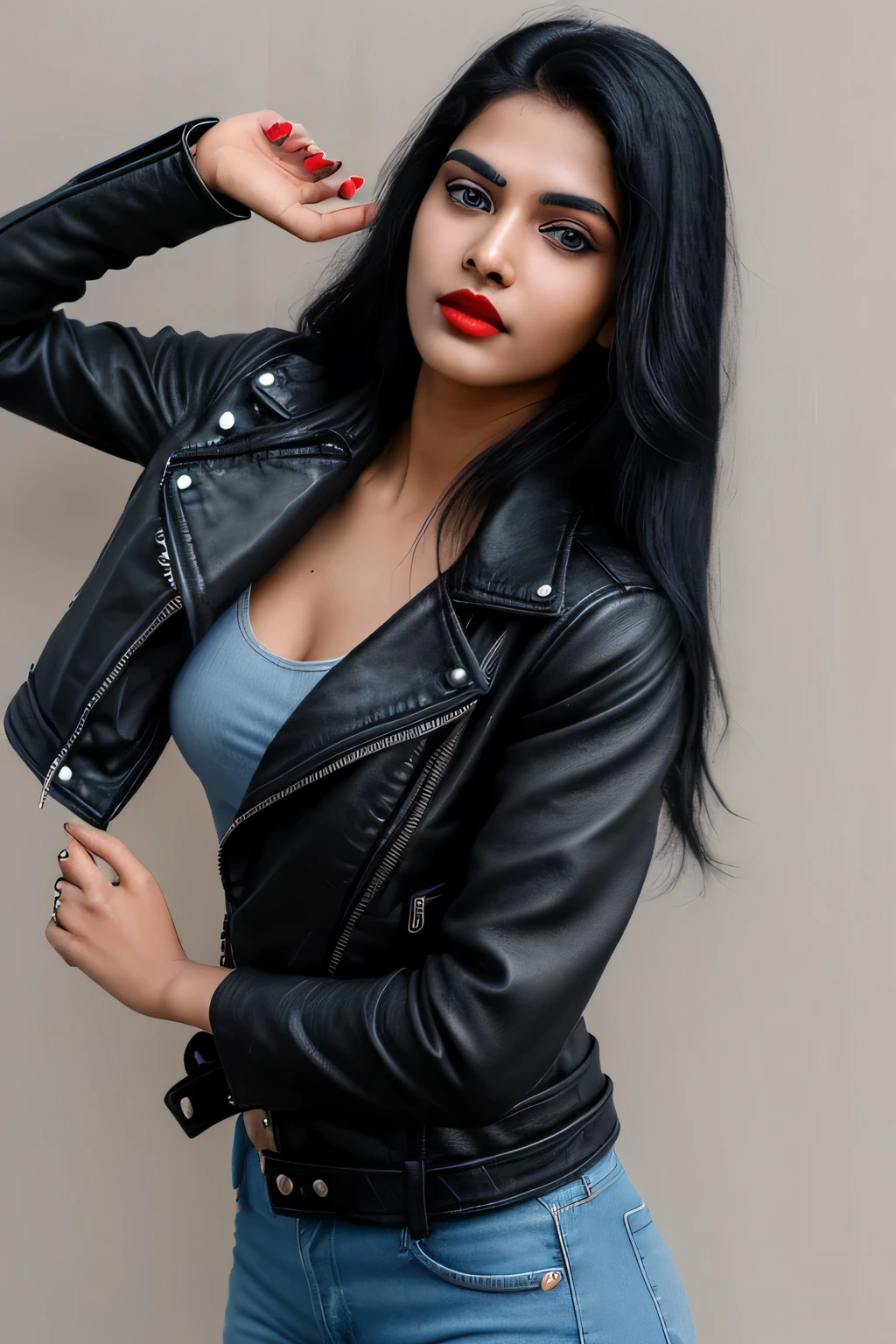 A 25 year old young women, south indian, long feather black hair blue eyes red lips wearing a black leather jacket and skinny blue jeans