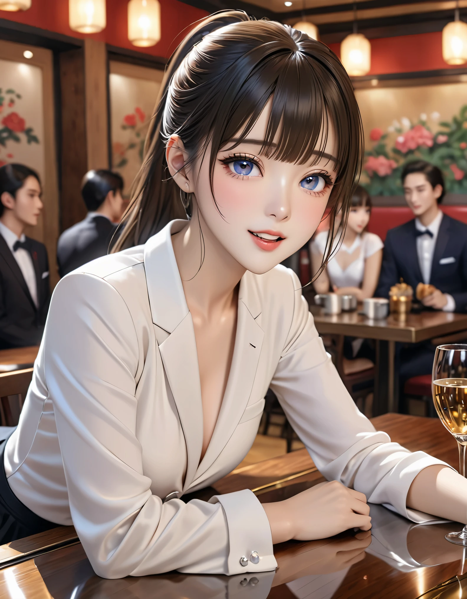 in the restaurant，One has a short ponytail、Girl in formal suit lying on table,  clear eyes, Perfect body,  (looking down at the audience:0.8), (Pure love face_v1:0.2), Separate sleeves, open mouth, Bangs, 1 girl, shiny skin, (masterpiece;1.0), (lifelike:1.4), (sharp focus:1.2), 