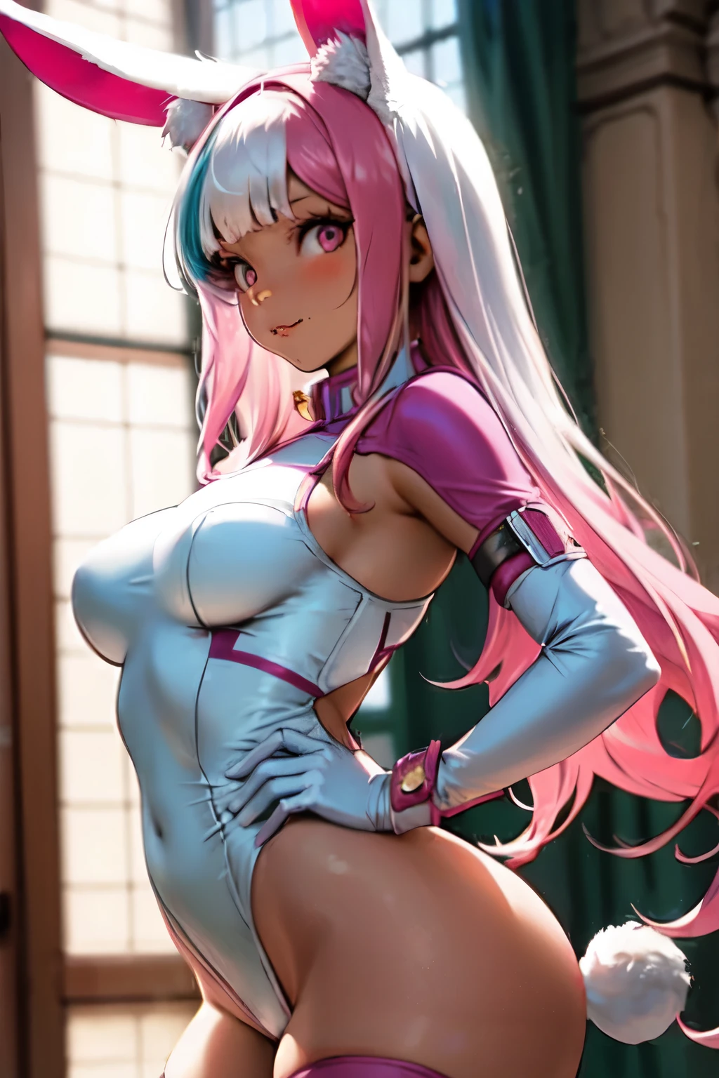 ((best quality)), ((masterpiece)), (detailed), perfect face, 1girl, solo, long hair, breasts, looking at viewer, bangs, large breasts, thighhighs, gloves, animal ears, bare shoulders, medium breasts, tail, pink hair, flower, white hair, multicolored hair, elbow gloves, white gloves, pink eyes, rabbit ears, blurry, white thighhighs, leotard, hand on hip, gradient hair, blurry background, highleg, highleg leotard, white leotard, anime
