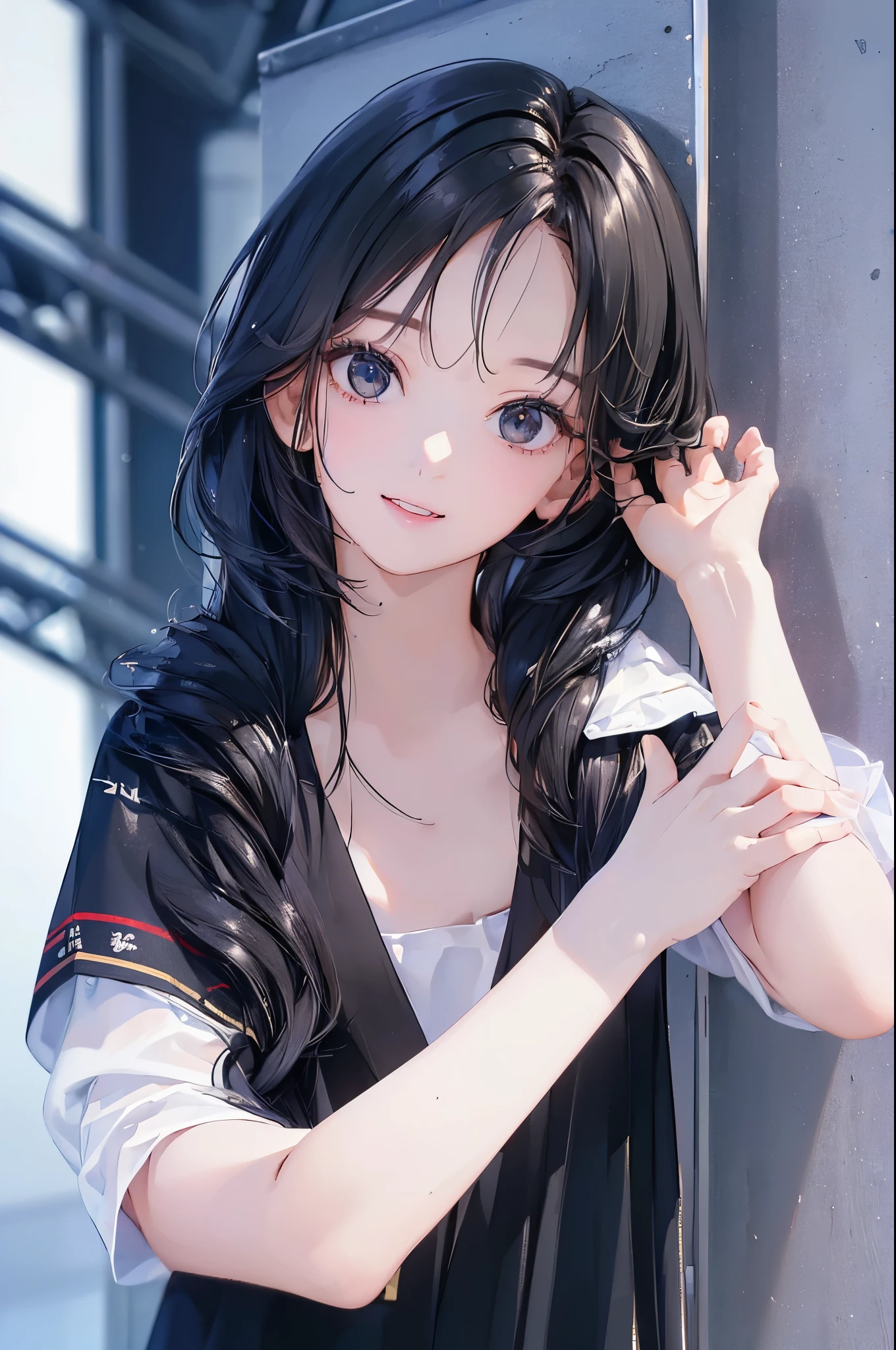 ((masterpiece, high quality)), Promide of a girl with long black hair, highteen, 18-year-old, Idol, stage costume, clean outline, mature face, Beautiful face, cheerful smile, Perky look, black eyes, small nose, long hair, straight hair, masterpiece, background is white, Depth of the bounds written, ((8k, RAW photo, highest quality, masterpiece), Professional photos with high-definition RAW color photos, (realistic, photorealism:1. 37), (highest quality), (best shadow), (Best Illustration), ultra high resolution, High-definition CG integrated 8K wallpaper, Physically based rendering,