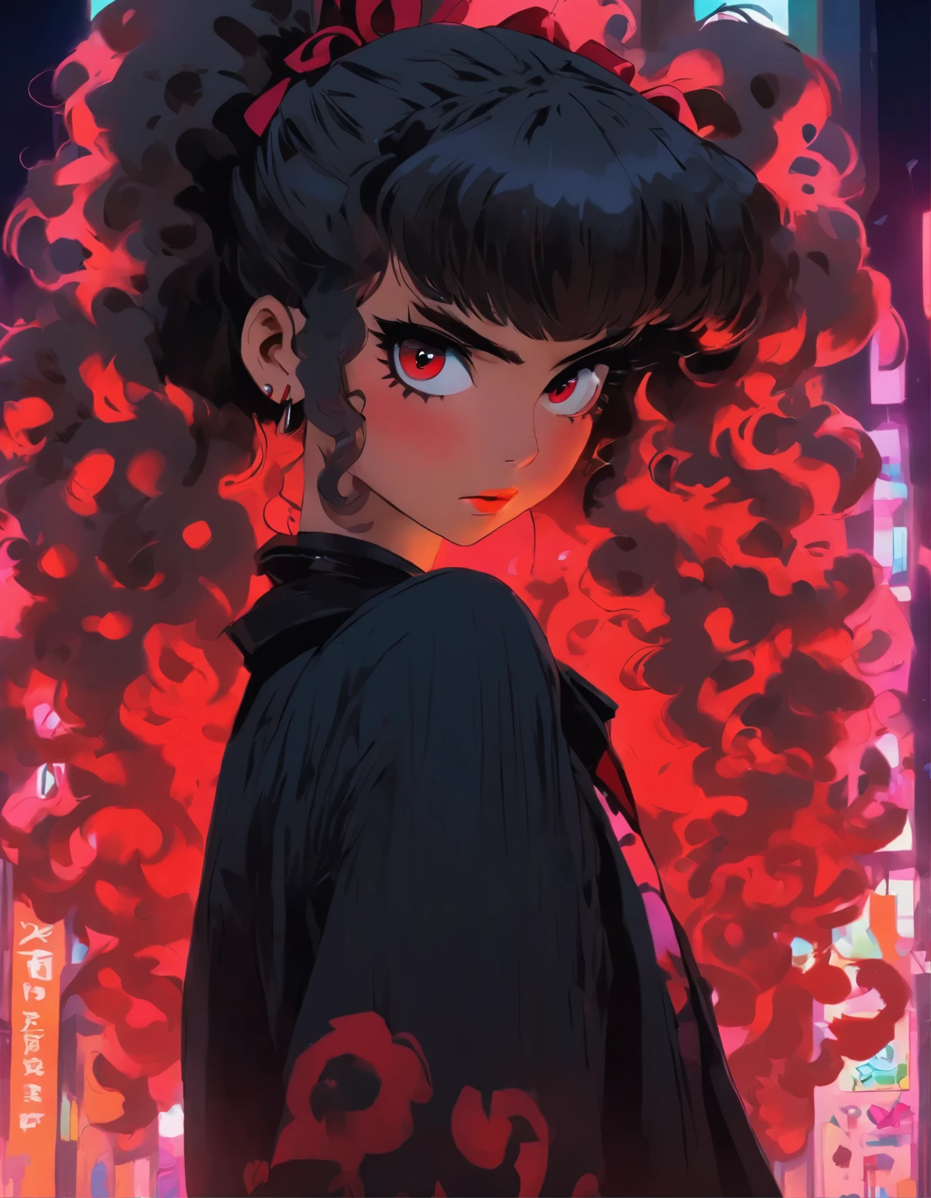 arafed woman with a red bow and a black jacket, curly bangs, curly bangs and ponytail, fluffy bangs, messy bangs, she looks like a mix of grimes, black hair and large eyes, ((red)) baggy eyes, 1 7 - - old h girl, she has black hair with bangs, curtain bangs, goth girl aesthetic