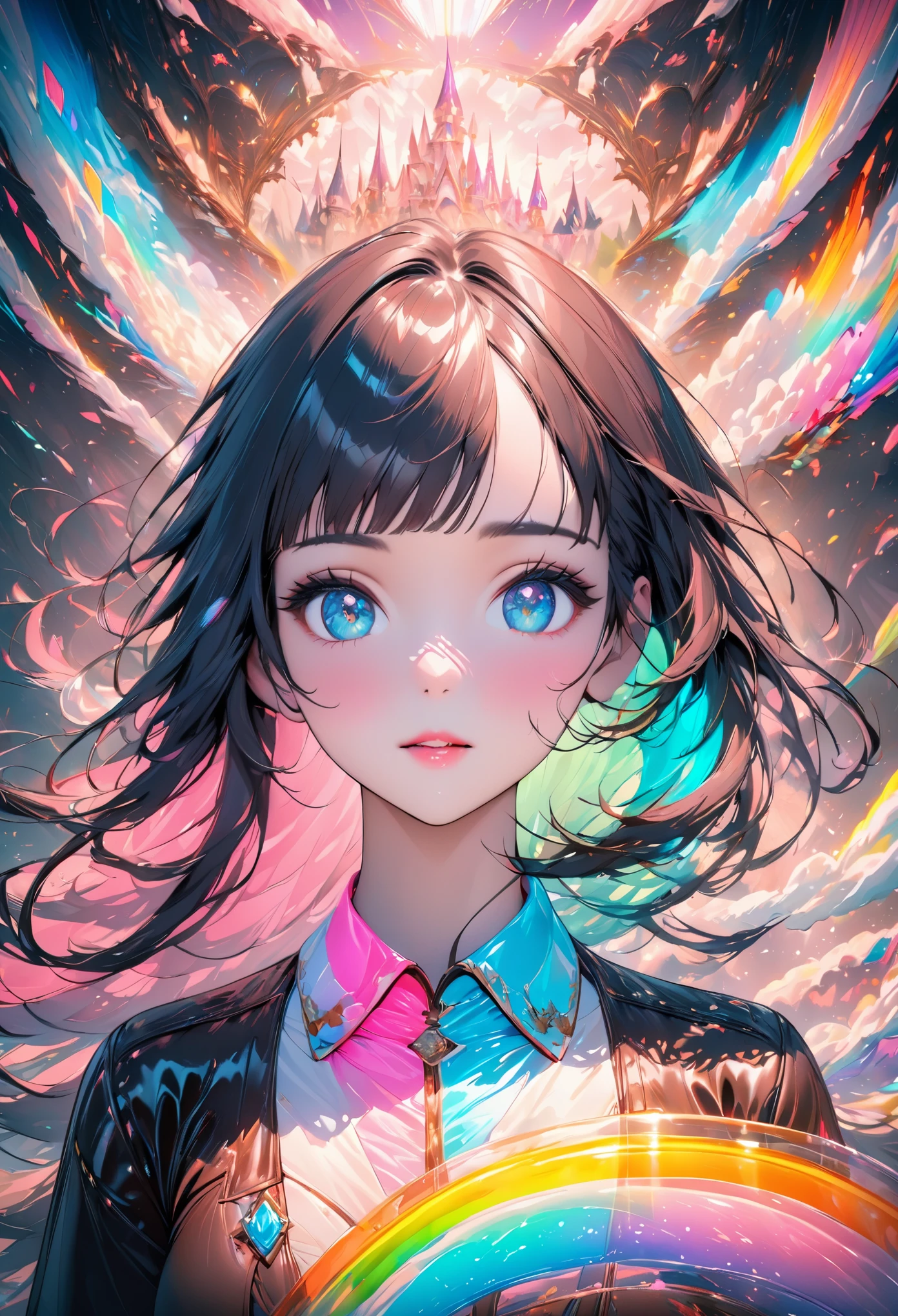(Fluorescent color:1.4),(translucent:1.4),(retro filter:1.4), (fantasy:1.4), Candyland Disneyland Ethereal Soft Fluffy Soft Landscape Forest Snow Avatar Soft Pink Sky Green Blue Glitter Ethereal Light Soft Whimsical Light Rainbow Stars Diamond Sparkling Gem Background Surreal Ultra Quality Cinematic Lighting Huge Details Full HD Light adequate,side fringe,, collared dress,aside, masterpiece, best quality,Genuine Leather,(portrait:1.5), 1 girl, blunt bangs, long hair
