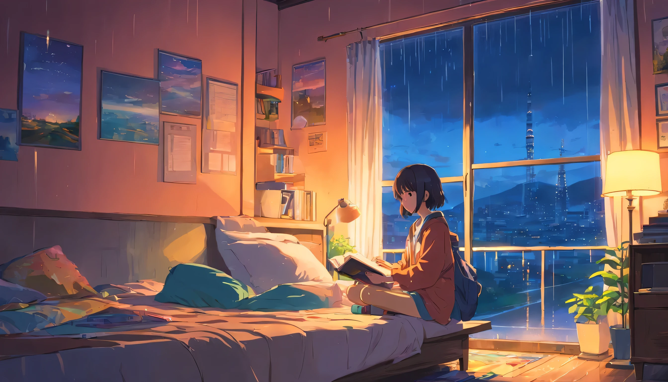 European hippie girl studying in her room, dream, please wear headphones, night light, Neon landscape on a rainy day, analog color theme, lo-fi hip hop , retrospective, flat, 2.5D ,Draw a line, ink painting, Osaka road, watercolor painting, gouche color, studio ghibli style, So colorful, outerton, Krautlock, Lofiato,old texture, amplitude,Psychedelic atmosphere, masterpiece, amazing technology,on the bed,rain outside the window