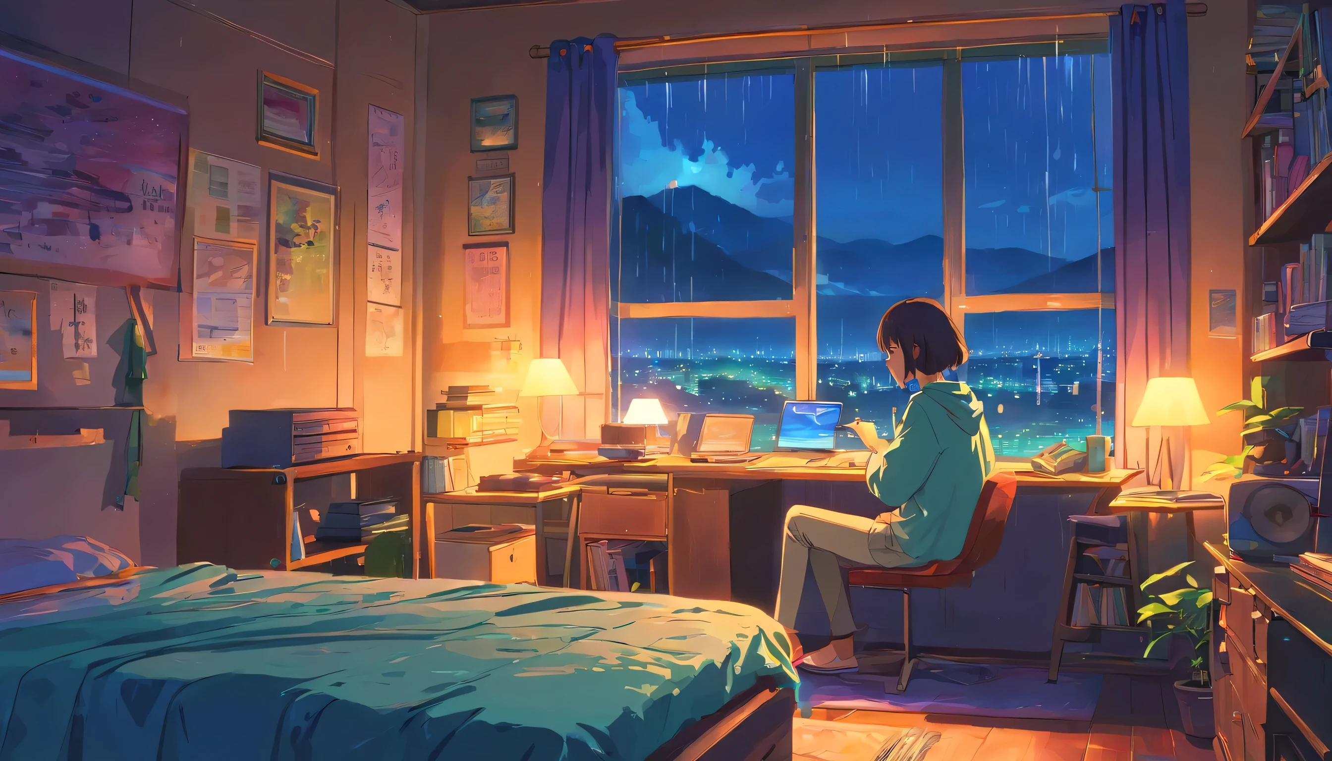 European hippie girl studying in her room, dream, please wear headphones, night light, Neon landscape on a rainy day, analog color theme, lo-fi hip hop , retrospective, flat, 2.5D ,Draw a line, ink painting, Osaka road, watercolor painting, gouche color, studio ghibli style, So colorful, outerton, Krautlock, Lofiato,old texture, amplitude,Psychedelic atmosphere, masterpiece, amazing technology,on the bed,rain outside the window