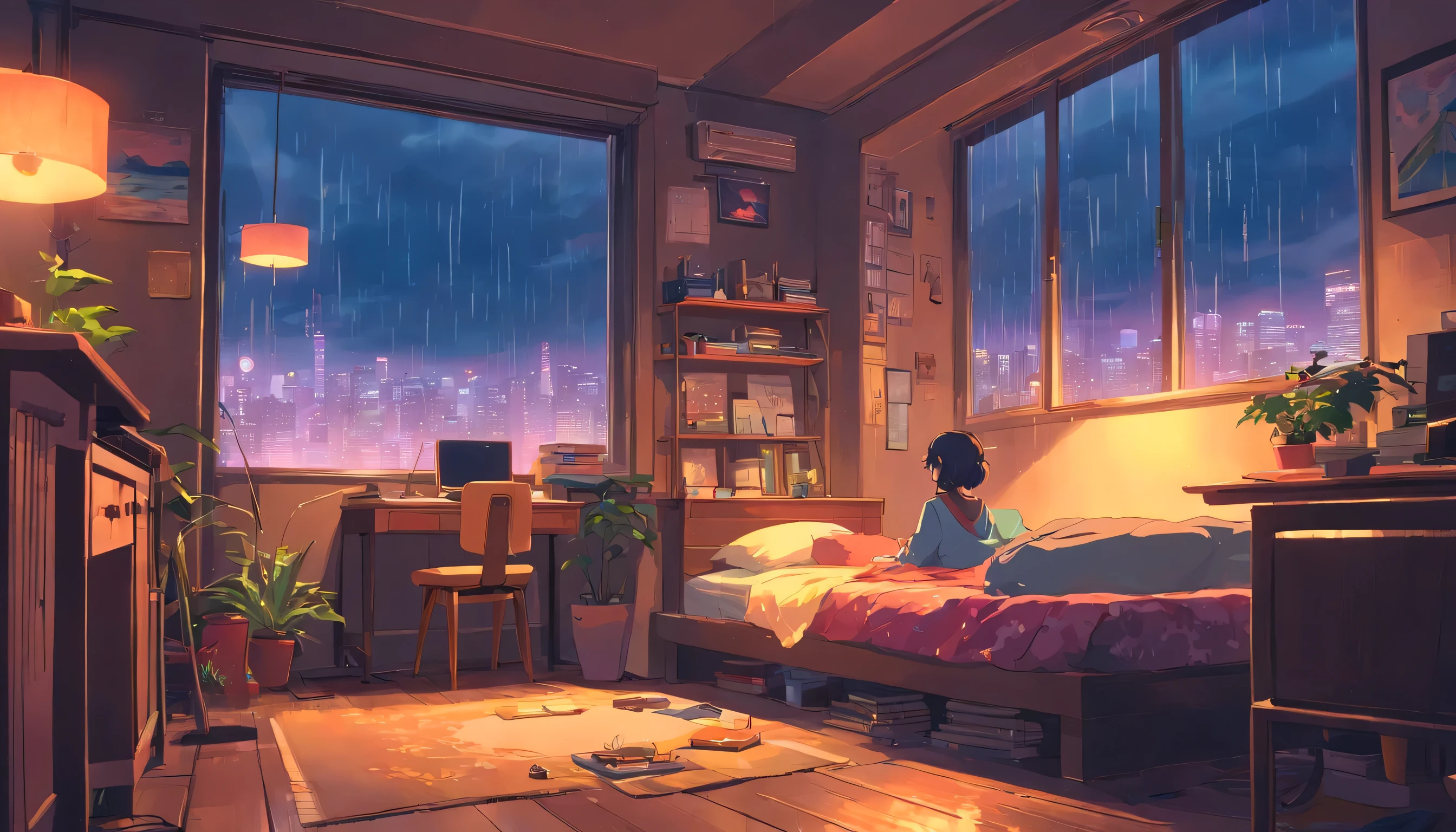 European hippie girl studying in her room, dream, please wear headphones, night light, Neon landscape on a rainy day, analog color theme, lo-fi hip hop , retrospective, flat, 2.5D ,Draw a line, ink painting, Osaka road, watercolor painting, gouche color, studio ghibli style, So colorful, outerton, Krautlock, Lofiato,old texture, amplitude,Psychedelic atmosphere, masterpiece, amazing technology,on the bed，rain outside the window