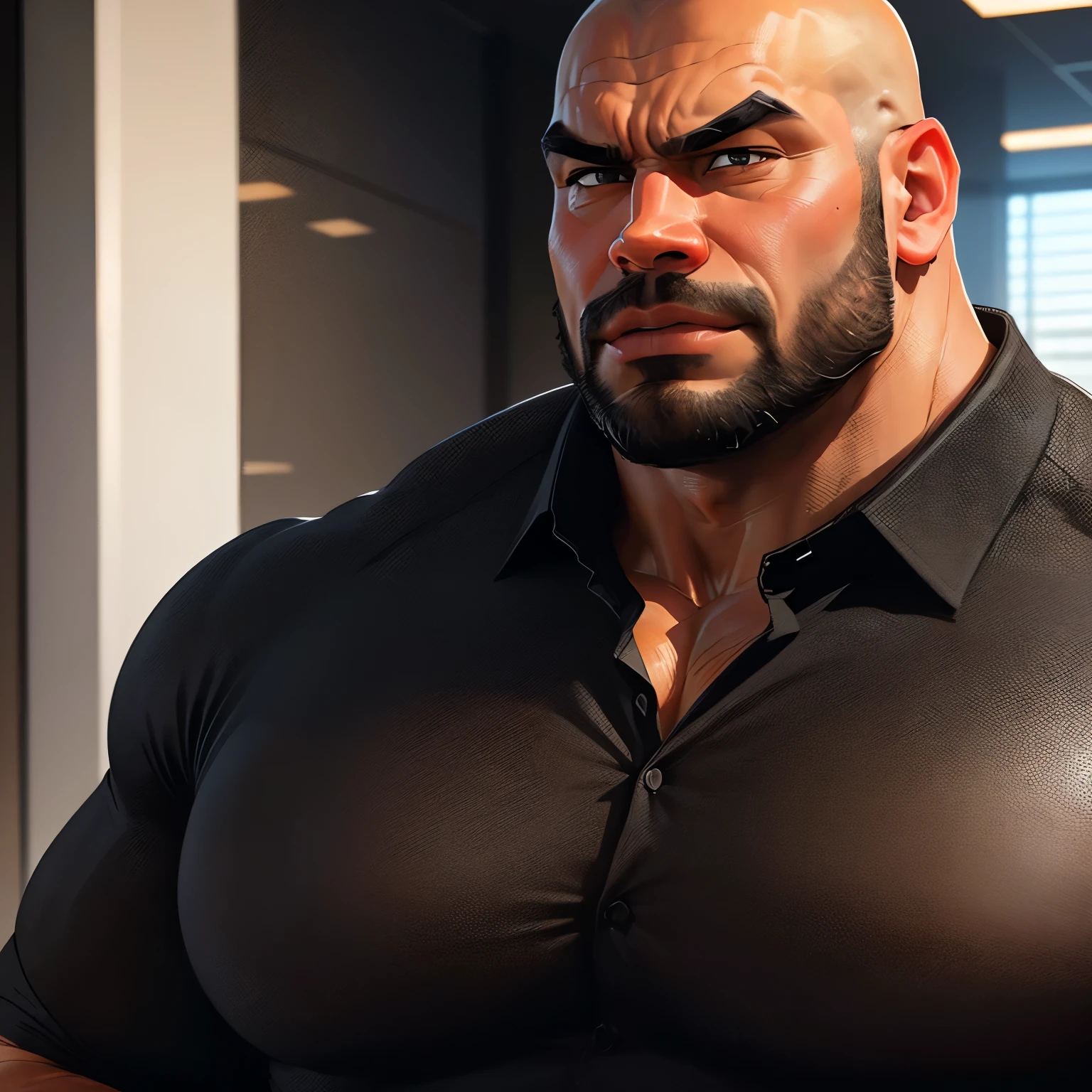 an exaggeratedly muscular and large bald bodyguard, beefy build, mixed race, surprised expression, (wearing black business casual collared shirt: 1.2), name tag, (bara pecs: 1.3), (arm and chest hair: 1.1), close-up portrait HD, bright corporate office with large windows