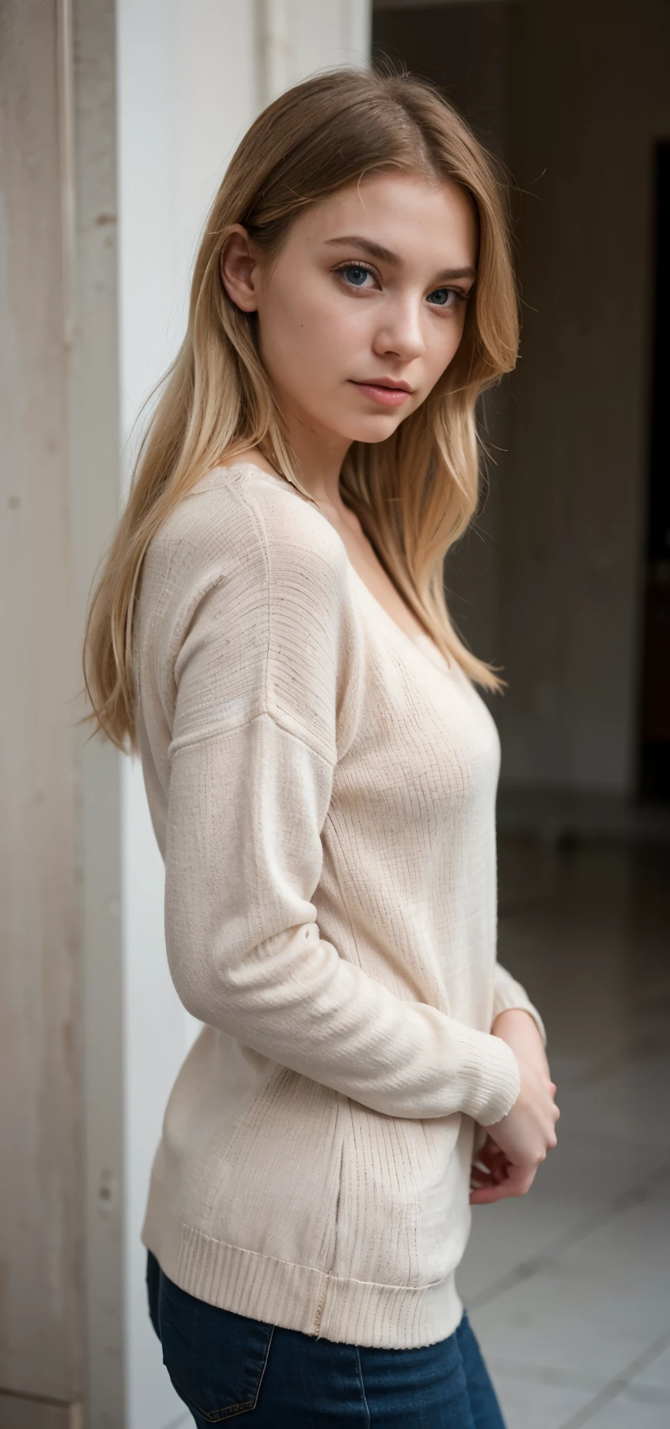 Extremely realistic blonde Russian girl with blonde hair and blue eyes, wearing a pink wool jumper, entire body, pic from the side
