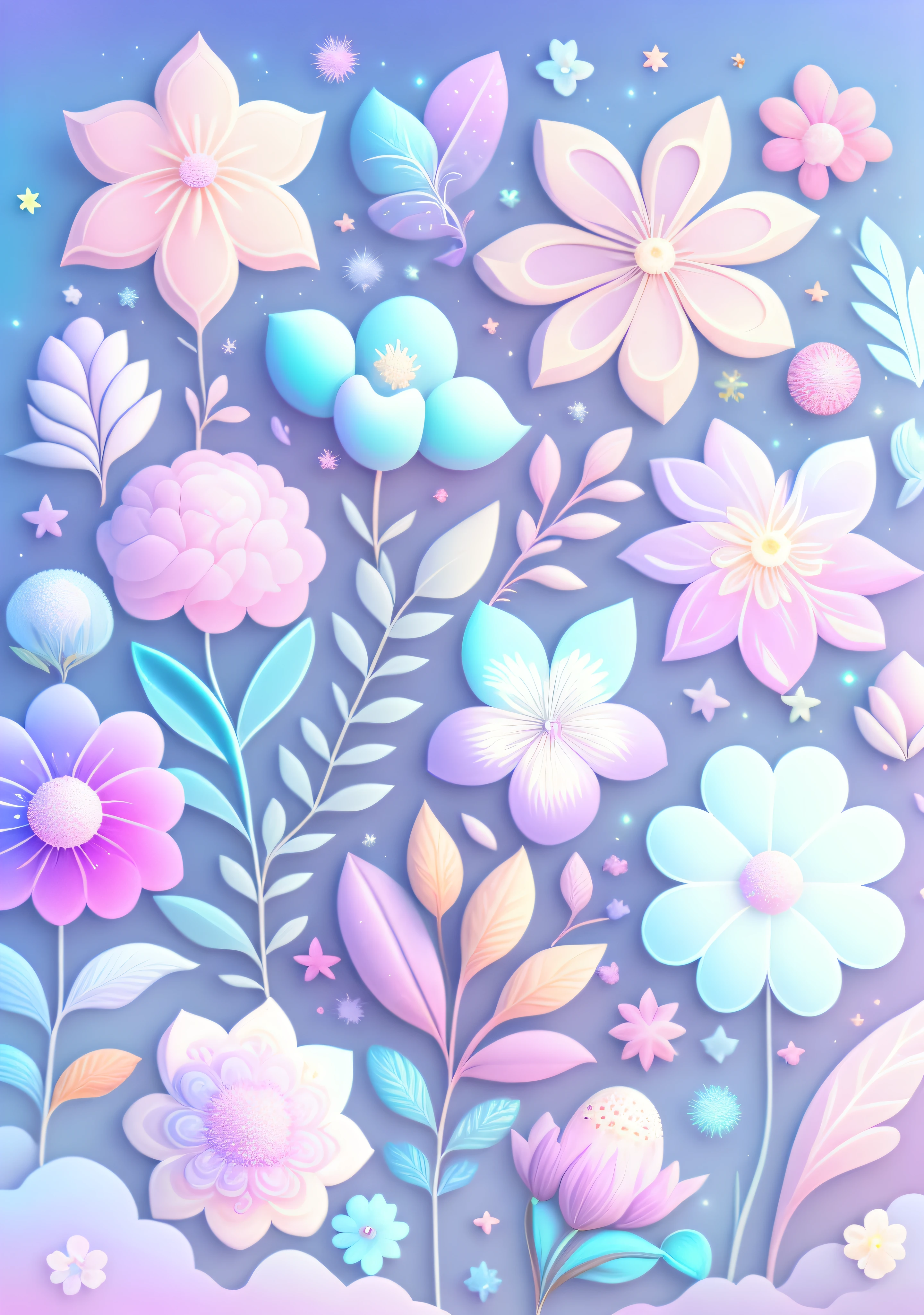 "various flowers, cartoon illustration, The sky has a soft gradient of colors,stars twinkling. Immerse yourself in a mysterious world filled with magical elements (weighted to 0.9)."