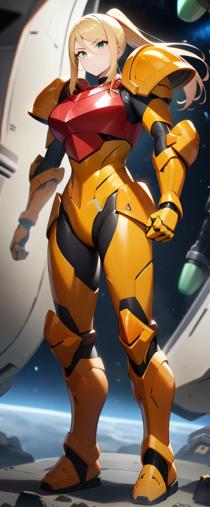 1girl,Samus aran,solo,green eyes,blonde hair,yellow and orange power armor,ponytail,uproght,((red chest armor)), big shoulder armor,full body,in space ship,standing,Science fiction,ultra-detailed,sharp focus,aesthetic,(best quality)