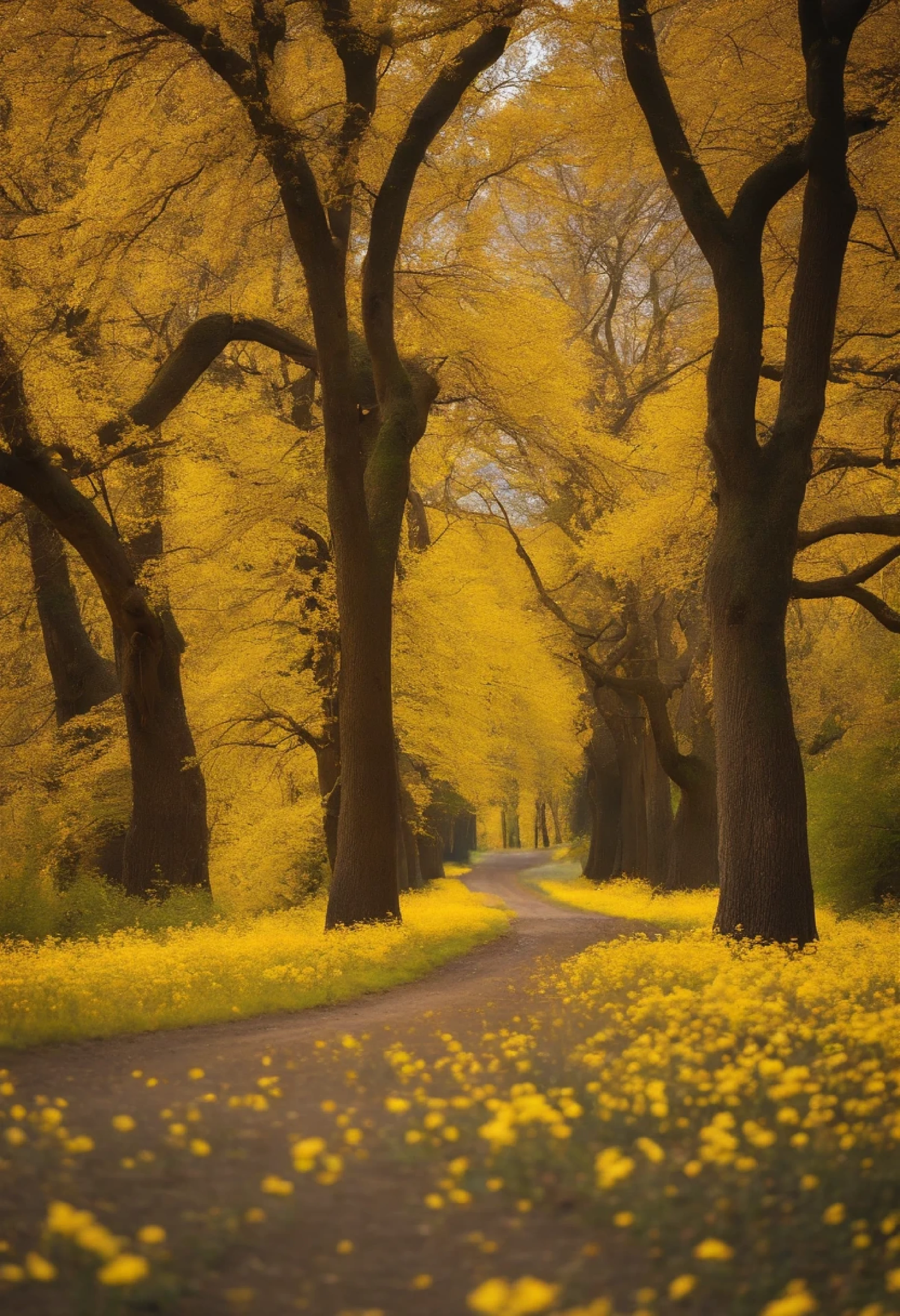 Large trees 80-100 years old. Standing in one line near the road. Blooming bright yellow flowers