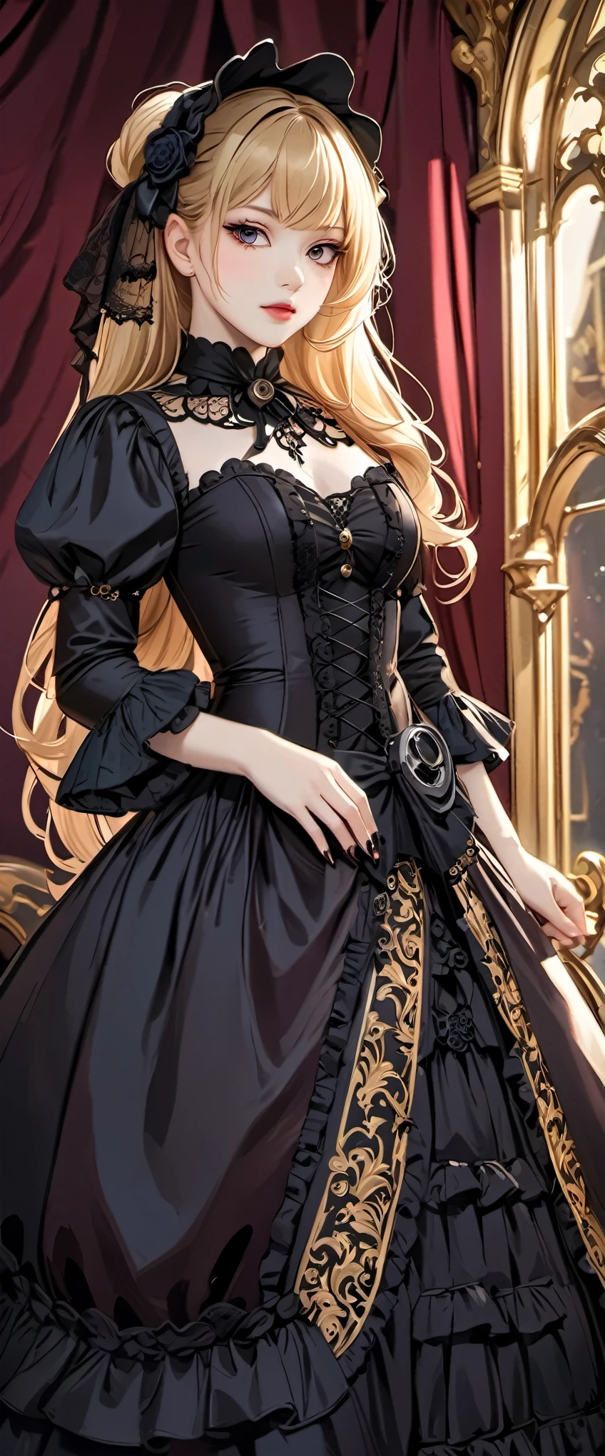 woman wearing dress and boots , baroque dress, wearing a detailed steampunk dress, elegant gothic princess, victorian gothic ta fashion, historical baroque dress dark, black gothic loliress, fantasy style clothing, rococo dress, black rococo, fantasy costume, wearing a gothic dress, romantic dress, gothic dress,blonde,,(((upper body portrait)))