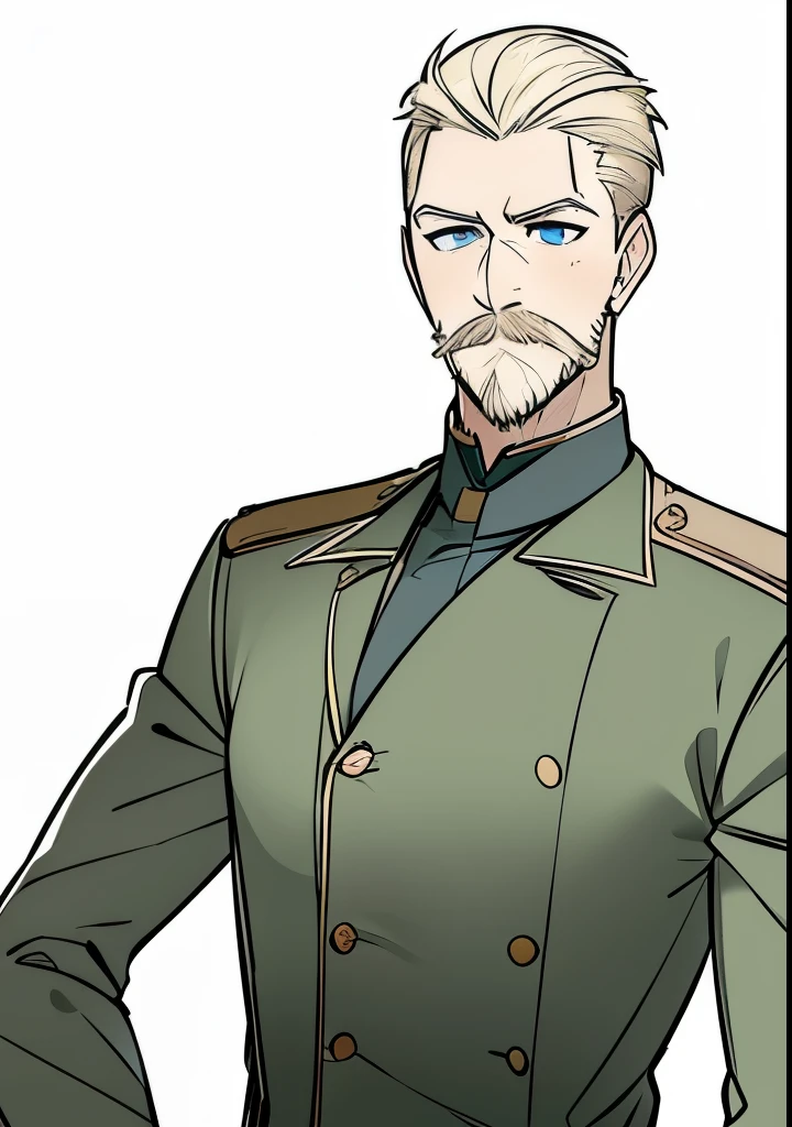 Young Adult male, white and tender skin, pale blonde slicked back combed short hair, kaisermustache, ducktail beard, steel blue eyes, green and slightly mature, serious and emotionless facial expression,wearing world war 2 era german fatigues, portrait style, facing forwards