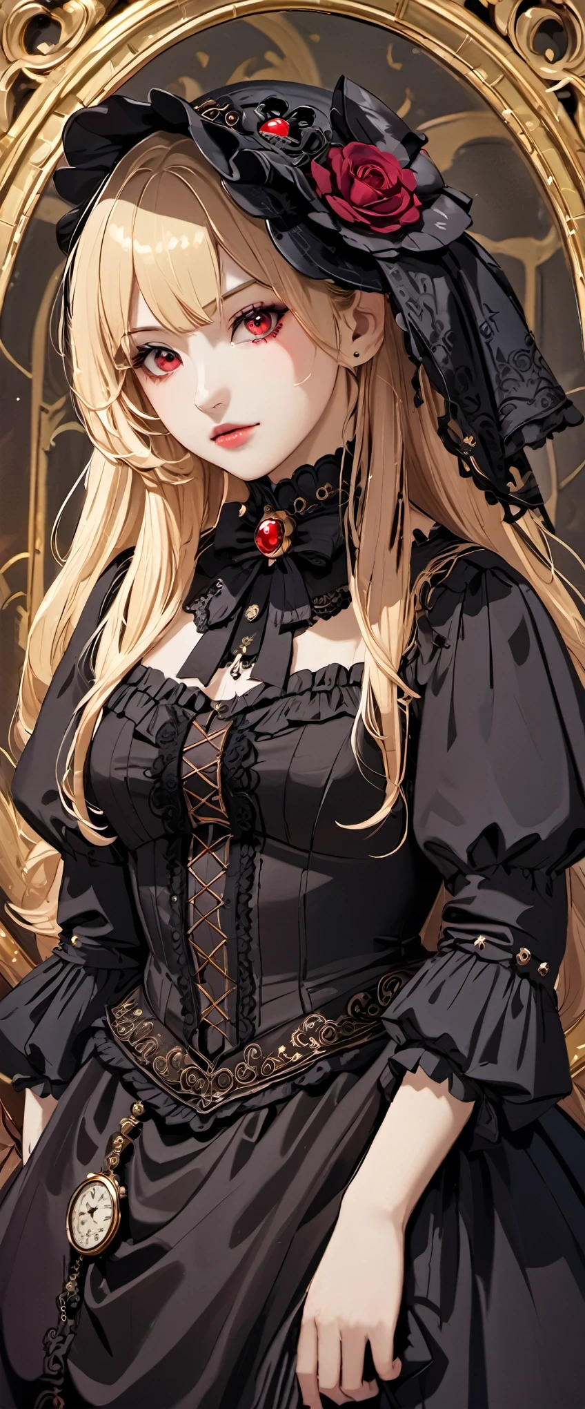 woman wearing dress and boots , baroque dress, wearing a detailed steampunk dress, elegant gothic princess, victorian gothic lolita fashion, historical baroque dress dark, black gothic lolita dress, fantasy style clothing, rococo dress, black rococo,  fantasy costume, wearing a gothic dress, romantic dress, gothic dress,blonde,,(((upper body portrait))),red eyes
