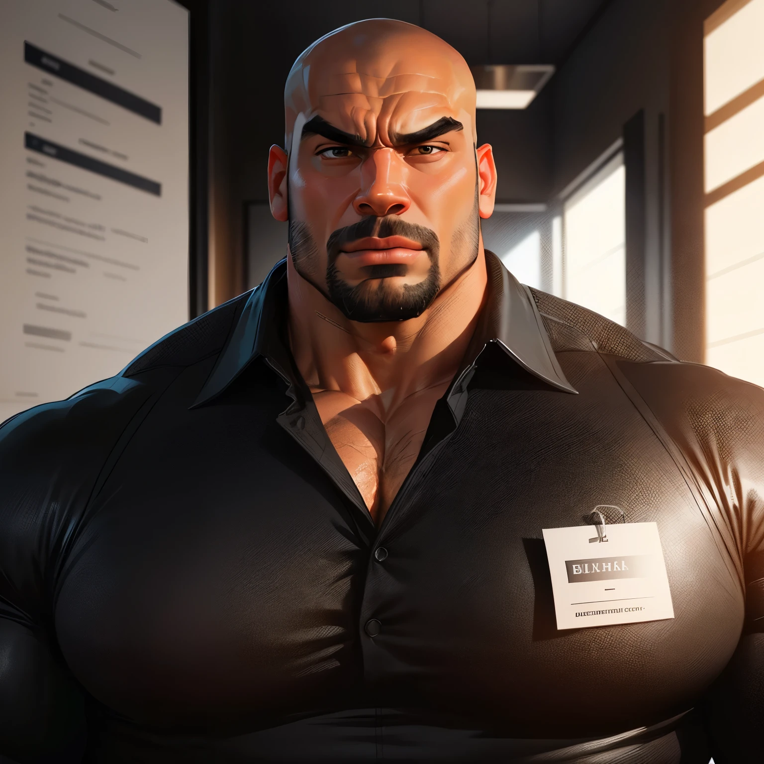 an exaggeratedly muscular and large bald bodyguard, (beefy build: 1.1), mixed race, surprised expression, (wearing black business casual collared shirt: 1.2), name tag, (bara pecs: 1.3), (arm and chest hair: 1.1), close-up portrait HD, bright corporate office with large windows