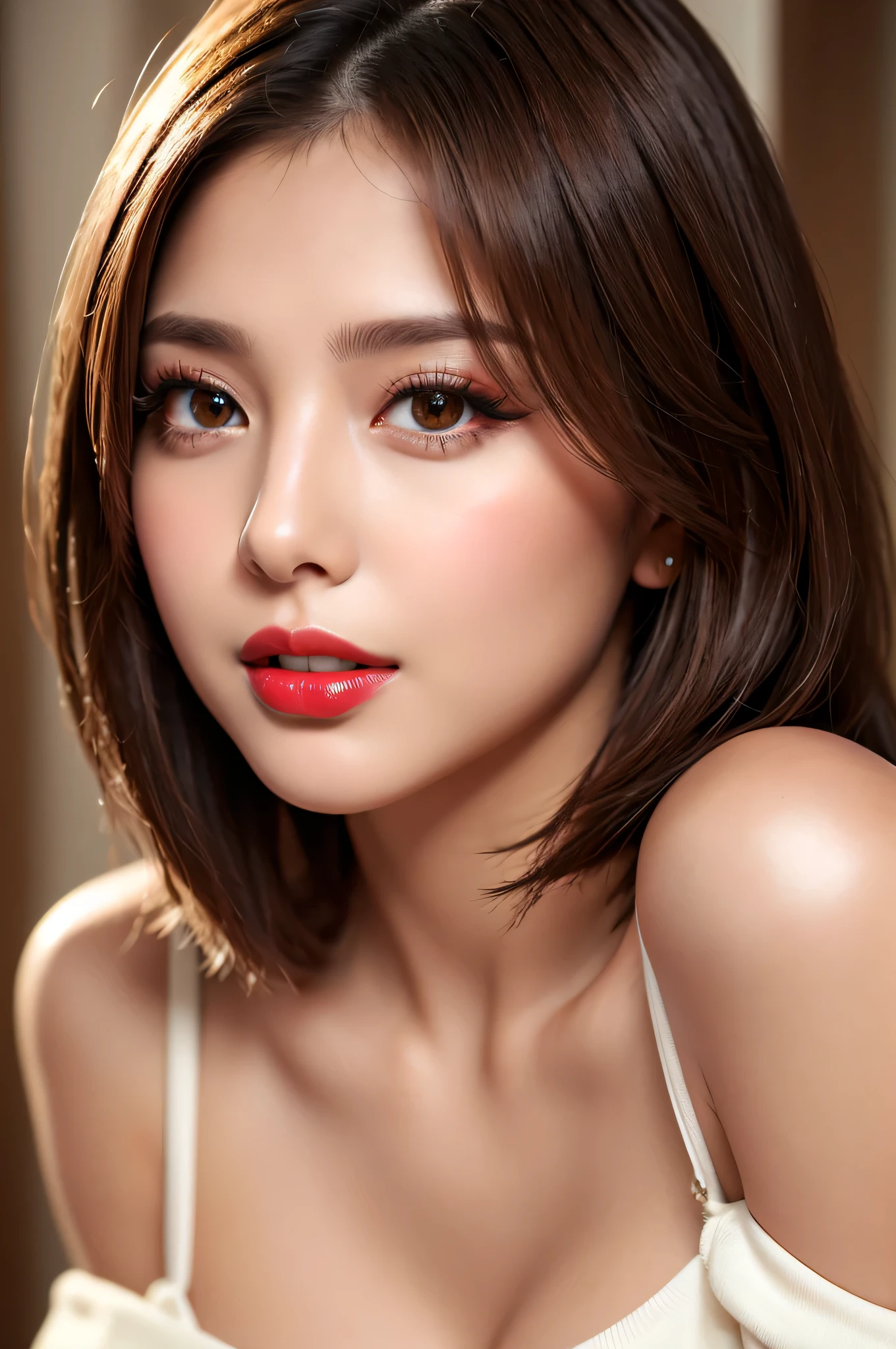 (highest quality、table top、8k、best image quality、Award-winning work)、(one young girl, 14 years old:1.3)、(Perfect V-neck red long knit sweater:1.2)、(red eyeshadow:1.2)、perfect makeup、long eyelashes、Super high-definition sparkling eyes、ultra high definition hair、ultra high resolution glossy lips、Super high resolution perfect teeth、Super high resolution cute face、brown hair、(very short straight hair:1.1)、look at me and smile、[clavicle]、accurate anatomy、(close up of face:1.5)、Luxury love hotel、(The most moody warm lighting:1.2)、blurred background、With bangs、Super high-resolution glossy and moisturized face、Super high resolution glowing skin、most detailed face、Ultra high resolution detailed faces、ultra high resolution hair、Super high resolution sparkling eyes、Beautiful face drawn in every detail、Super high resolution glossy red lips、big breasts、cleavage