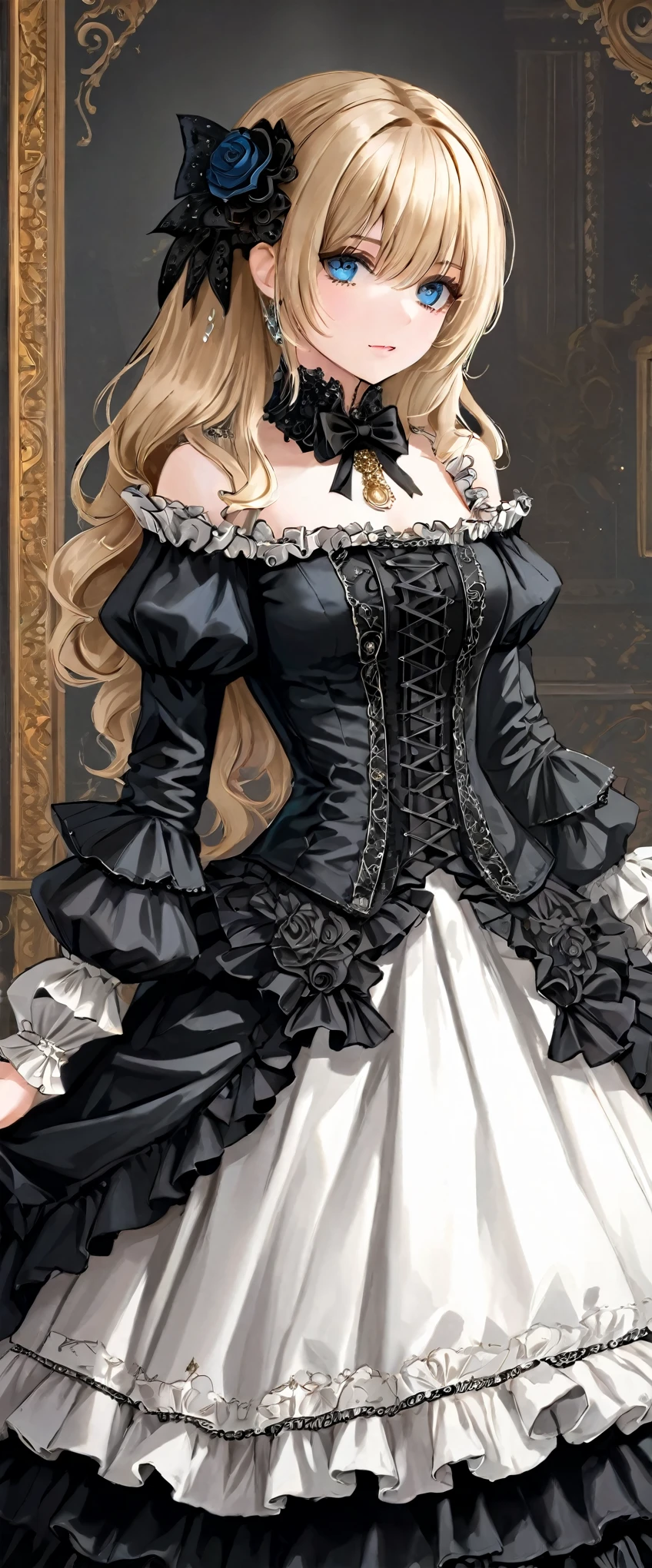 woman wearing dress and boots , baroque dress, wearing a detailed steampunk dress, elegant gothic princess, victorian gothic ****ta fashion, historical baroque dress dark, black gothic ****ta dress, fantasy style clothing, rococo dress, black rococo,  fantasy costume, wearing a gothic dress, romantic dress, gothic dress,blonde,,(((upper body portrait)))blue eyes