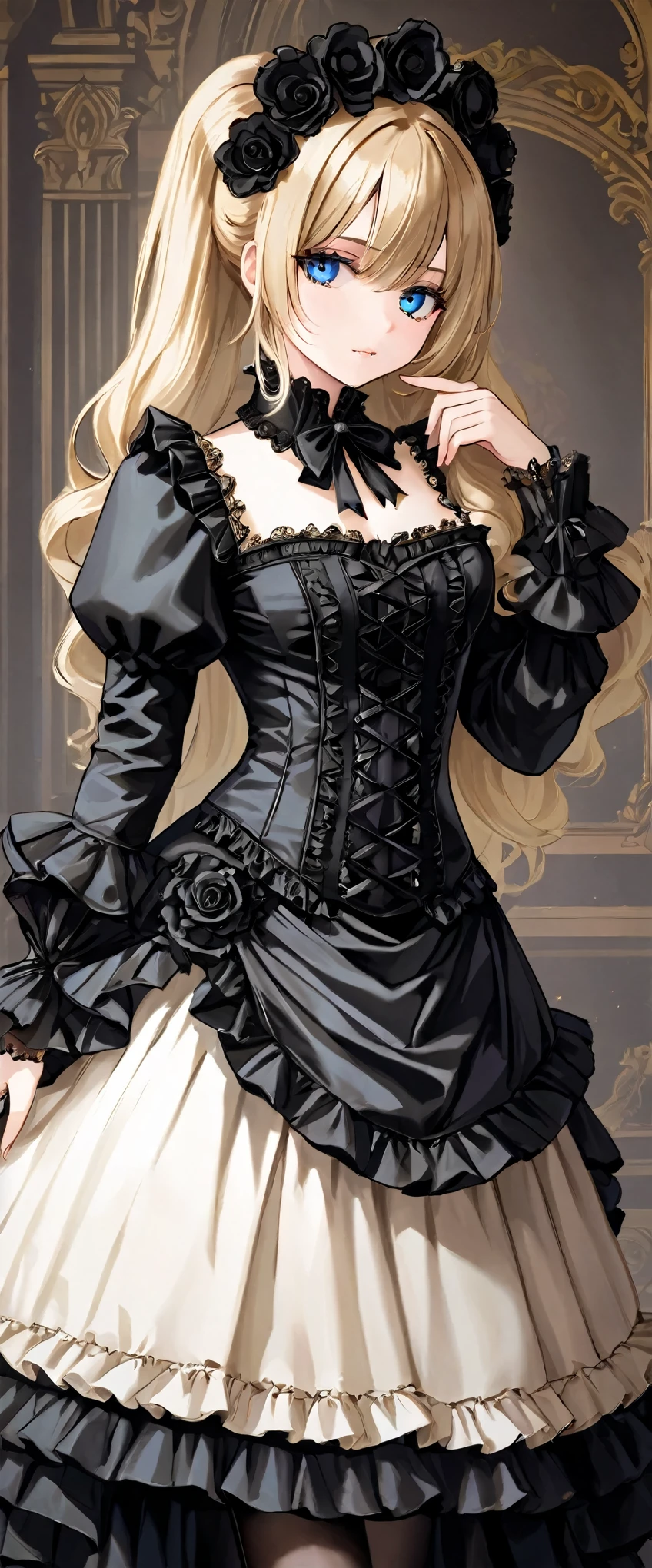 woman wearing dress and boots , baroque dress, wearing a detailed steampunk dress, elegant gothic princess, victorian gothic lolita fashion, historical baroque dress dark, black gothic lolita dress, fantasy style clothing, rococo dress, black rococo,  fantasy costume, wearing a gothic dress, romantic dress, gothic dress,blonde,,(((upper body portrait)))blue eyes