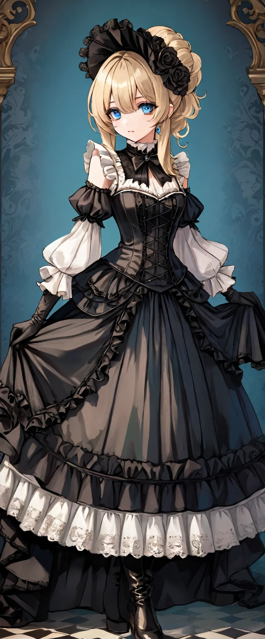 woman wearing dress and boots , baroque dress, wearing a detailed steampunk dress, elegant gothic princess, victorian gothic ****ta fashion, historical baroque dress dark, black gothic ****ta dress, fantasy style clothing, rococo dress, black rococo,  fantasy costume, wearing a gothic dress, romantic dress, gothic dress,blonde,,(((upper body portrait)))blue eyes