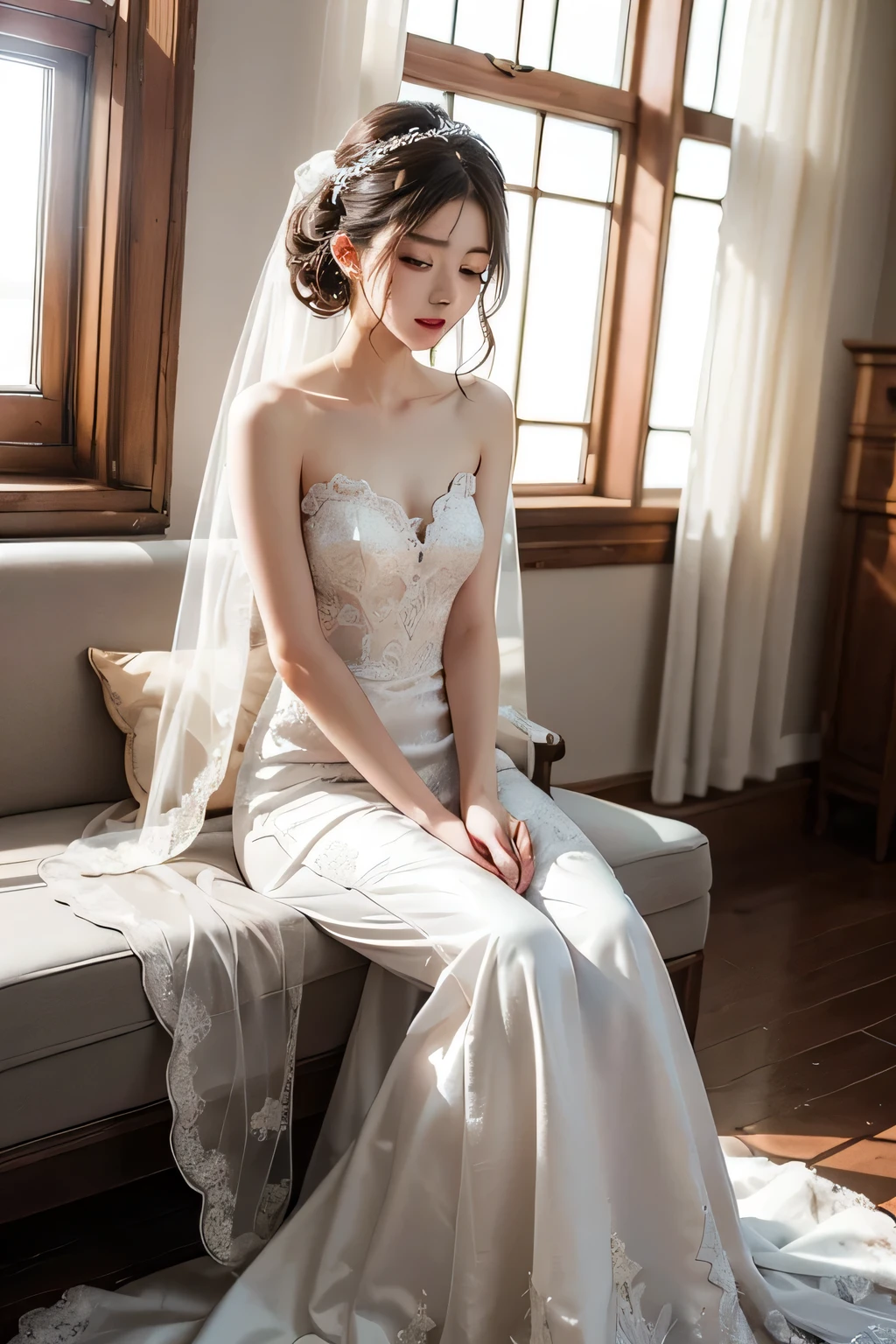 ((best quality)), ((masterpiece)), (detailed), perfect face, Araffed woman sitting in wedding dress, korean beauty, Pure white elegant wedding dress, Veil reaching to the floor, Sunlight shining on white curtains, perfect hands, different actions,