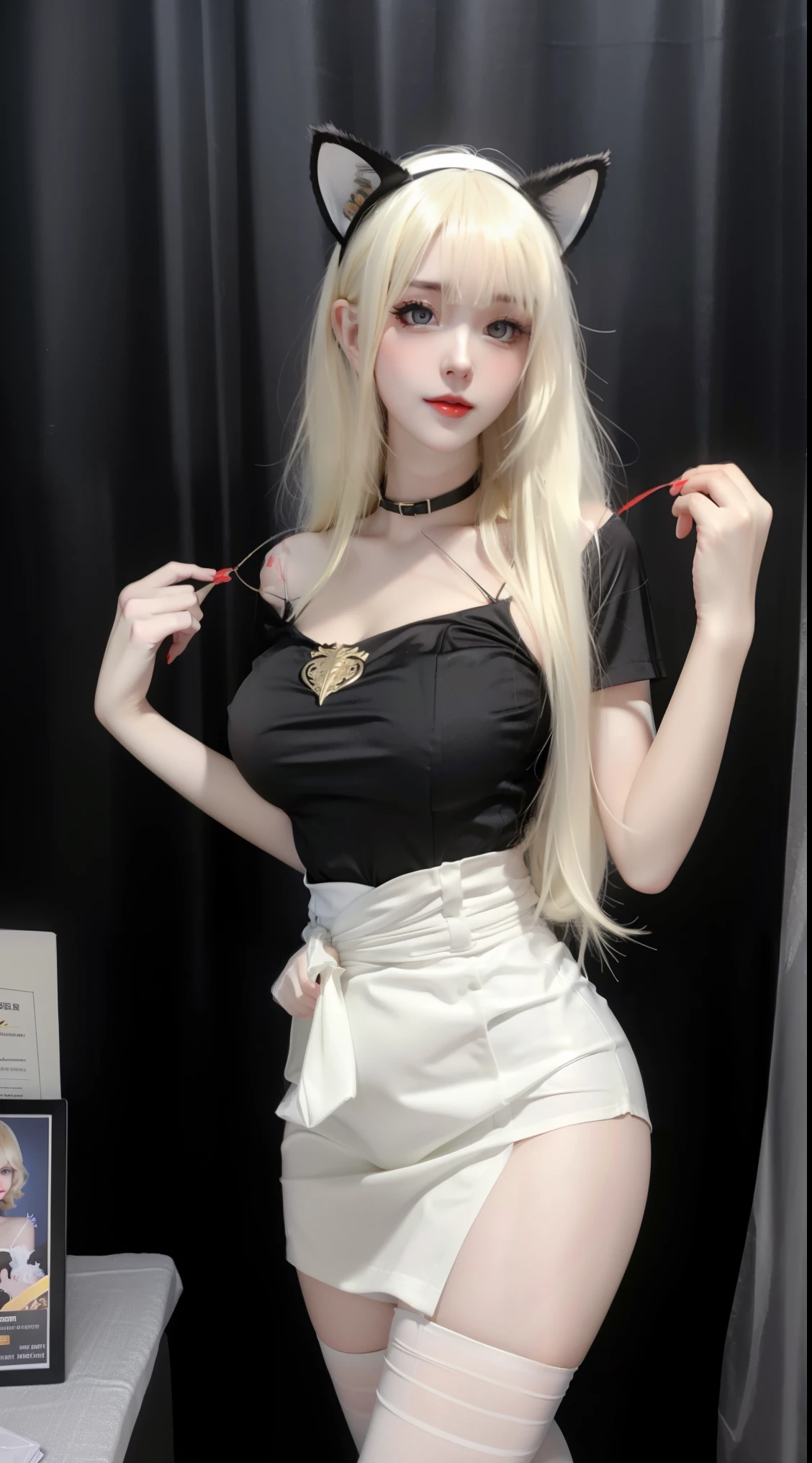 1 European and American vampire beauties:Imperial sister,domineering side leak,enchanting,Beauty model,,being thin,Skin is snow-white and smooth,curlies,combed blonde hair,The legs are slender,Wear black stockings on the legs,Penetrating white shirt(Short to the waist),Expose her belly,Black hip skirt,Ignite it,seduce,Melon seed face,Blue pupil,Redlip,Wearing cat ears,Raised sexy,Bigchest,Wear a black collar,Dealing cards at the casino table