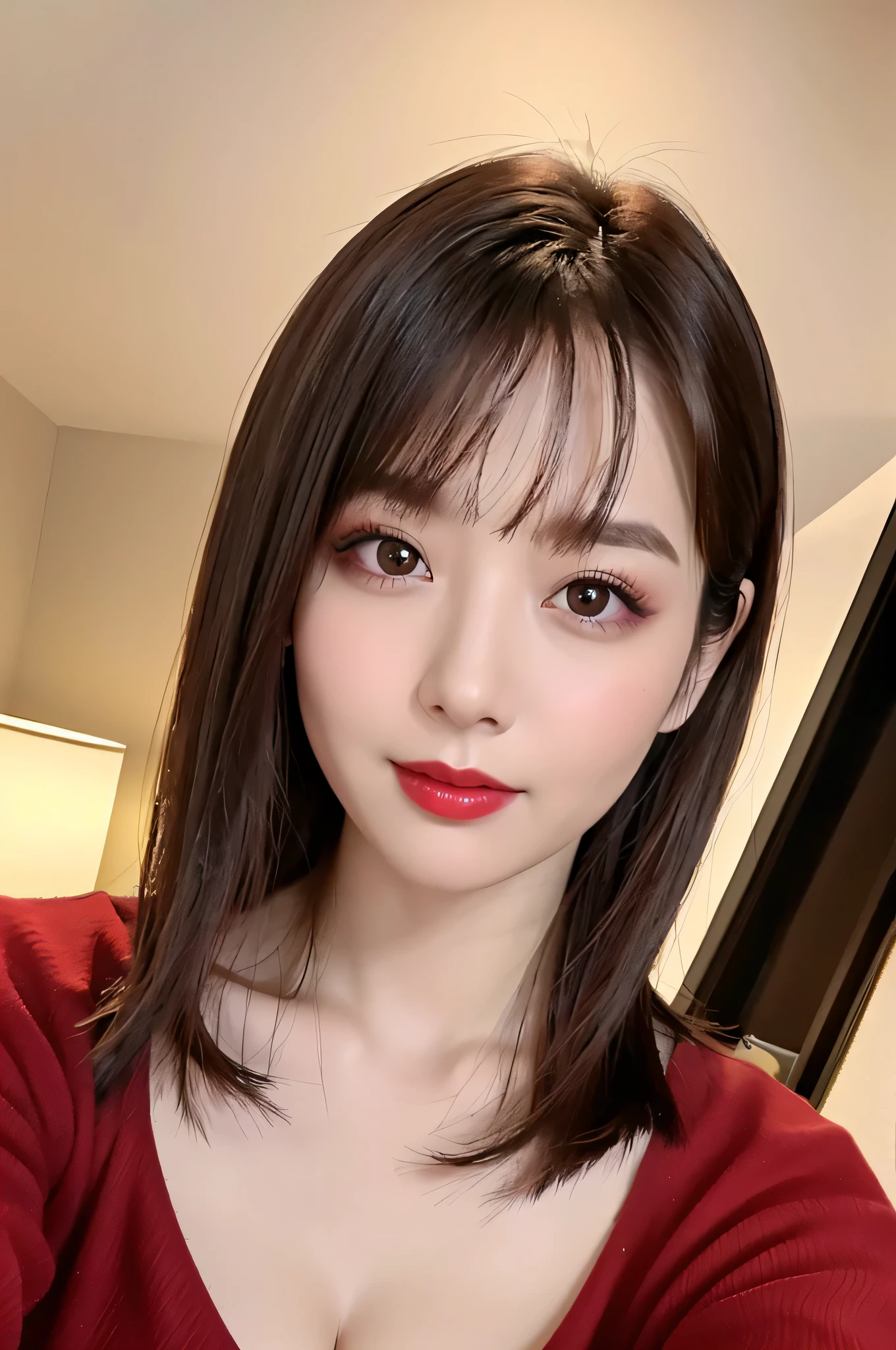 (highest quality、table top、8k、best image quality、Award-winning work)、(one young girl, ************:1.3)、(Perfect V-neck red long knit sweater:1.2)、(red eyeshadow:1.2)、perfect makeup、long eyelashes、Super high-definition sparkling eyes、ultra high definition hair、ultra high resolution glossy lips、Super high resolution perfect teeth、Super high resolution cute face、brown hair、(very short straight hair:1.1)、look at me and smile、[clavicle]、accurate anatomy、(close up of face:1.5)、Luxury love hotel、(The most moody warm lighting:1.2)、blurred background、With bangs、Super high-resolution glossy and moisturized face、Super high resolution glowing skin、most detailed face、Ultra high resolution detailed faces、ultra high resolution hair、Super high resolution sparkling eyes、Beautiful face drawn in every detail、Super high resolution glossy red lips、big breasts、cleavage