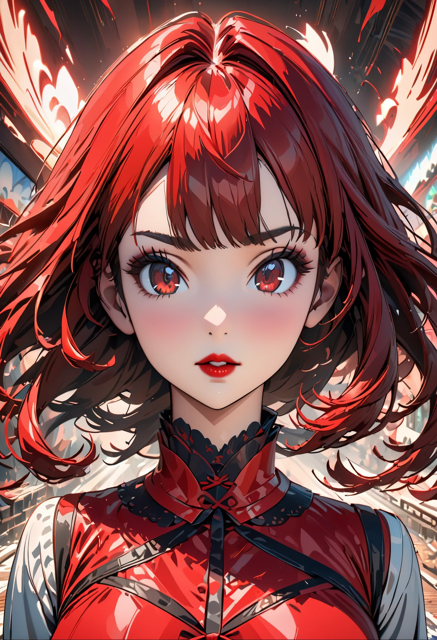(masterpiece),(best quality:1.0), (ultra high definition:1.0), Detailed description, 8K, Japanese cartoons, 1 girl, beautiful Japanese cartoons girl, Wearing a red dress, corolla, pretty face, Detailed face, beautiful eyes, delicate eyes, dark red eyes, bright red lips, red lipstick, beautiful stylish hair, highlights in hair, bangs Japanese cartoons style, best quality, energetic