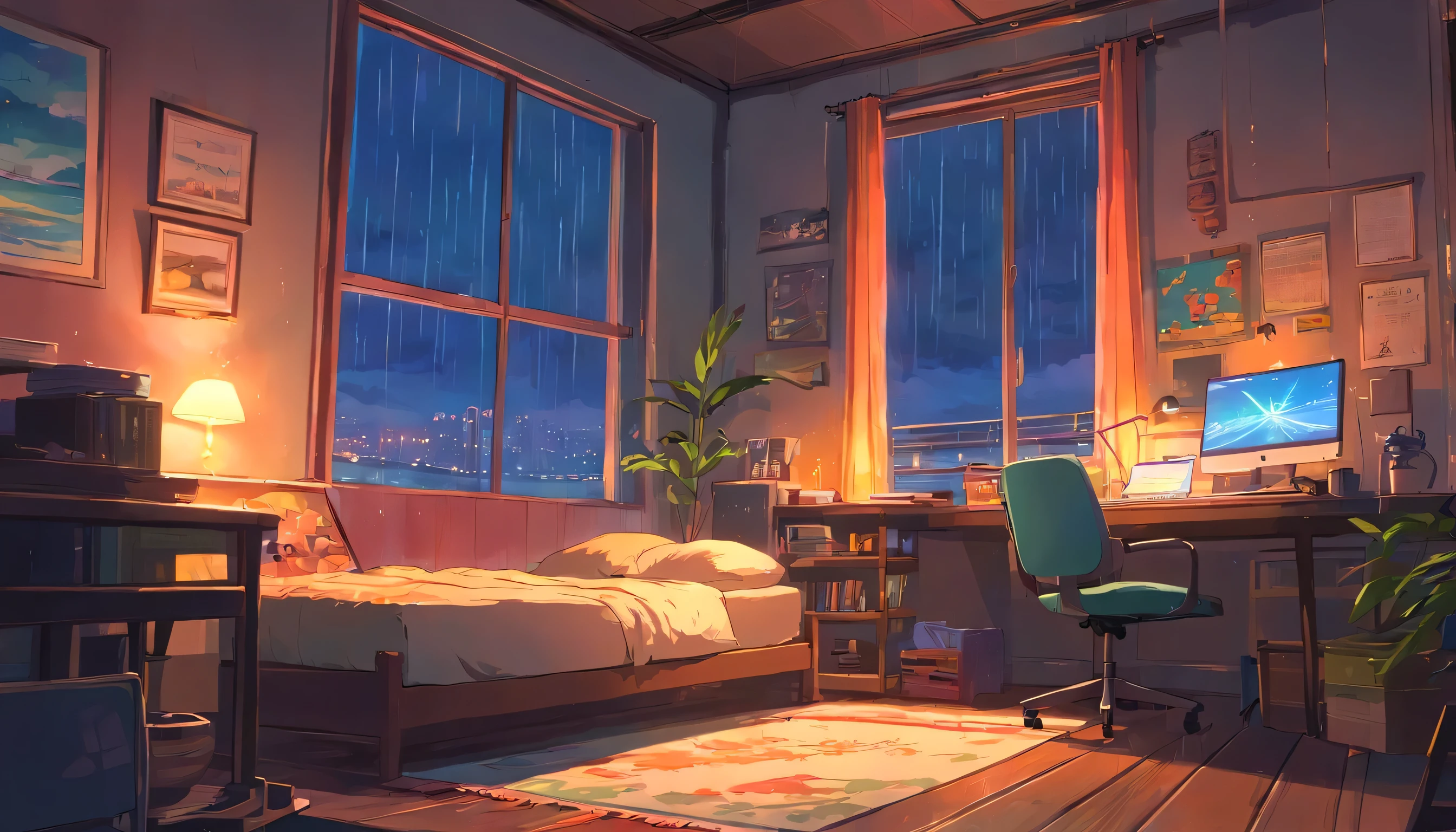 European hippie girl studying in her room, dream, please wear headphones, night light, Neon landscape on a rainy day, analog color theme, lo-fi hip hop , retrospective, flat, 2.5D ,Draw a line, ink painting, Osaka road, watercolor painting, gouache color, studio ghibli style, very colorful, outerton, Krautlock, Lofiato,old texture, amplitude,Psychedelic atmosphere, masterpiece, Technology of Wonders,on the bed,rain outside the window,Darken the room