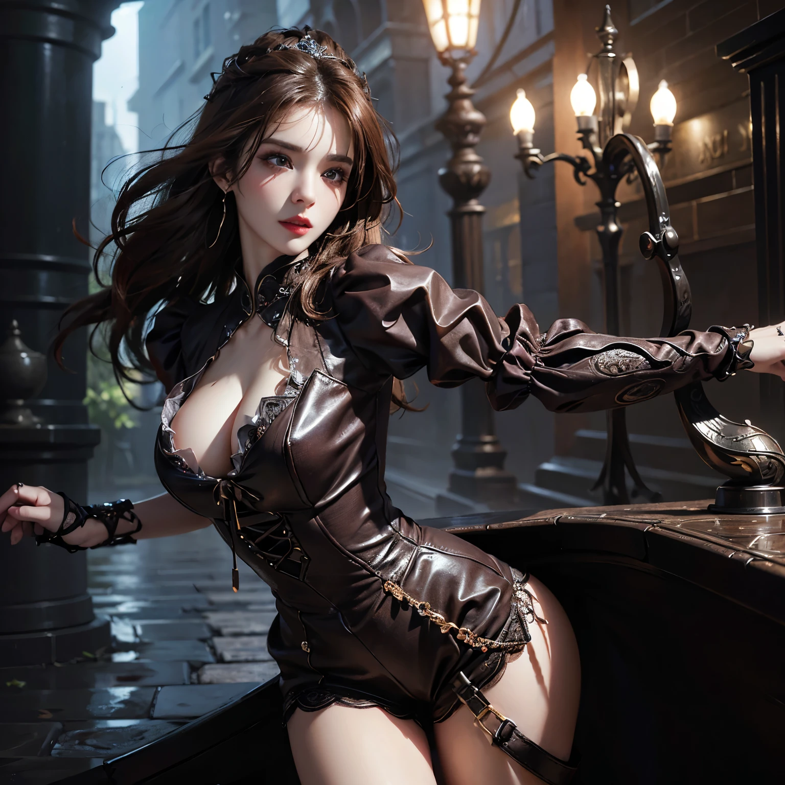(Ultra-realistic illustration)、(A high resolution image)、(The woman is highly detailed)、(Best Illustration)、(Professional lighting)、(Beautifully detailed eyes)、(Top-quality image)、(Ultra-detailed)、(Masterpiece)、(Wallpaper material)、(A woman with a detailed face)、(Independently posing)、(Long brown hair)、(Gothic clothes and rocker style)、(Exuding sex appeal)、(Holding a dagger in one hand)、(In the other hand, she clutches a bloody heart)、(Detailed textures