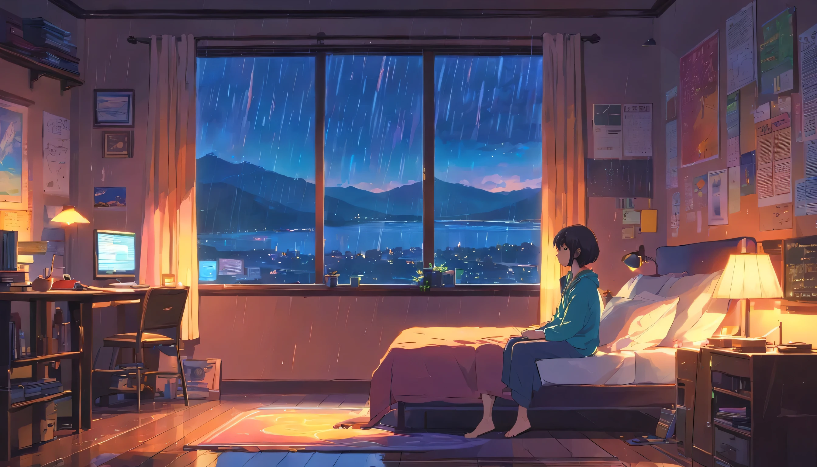 European hippie girl studying in her room, dream, please wear headphones, night light, Neon landscape on a rainy day, analog color theme, lo-fi hip hop , retrospective, flat, 2.5D ,Draw a line, ink painting, Osaka road, watercolor painting, gouache color, studio ghibli style, very colorful, outerton, Krautlock, Lofiato,old texture, amplitude,Psychedelic atmosphere, masterpiece, Technology of Wonders,on the bed,rain outside the window,Darken the room