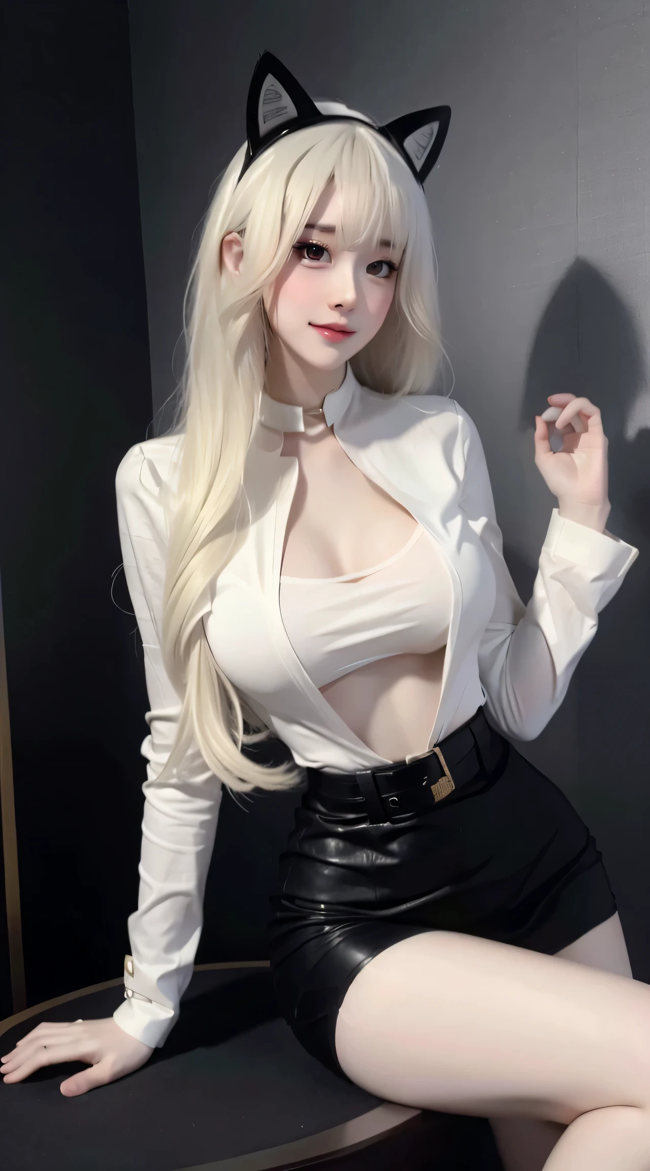 1 European and American vampire beauties:Imperial sister，domineering side leak，enchanting，Beauty model，，being thin，Skin is snow-white and smooth，curlies，combed blonde hair，The legs are slender，Wear black stockings on the legs，Penetrating white shirt(Short to the waist)，Expose her belly，Black hip skirt，Ignite it，seduce，Melon seed face，Blue pupil，Redlip，Wearing cat ears，Raised sexy，Bigchest，Wear a black collar，Dealing cards at the casino table
