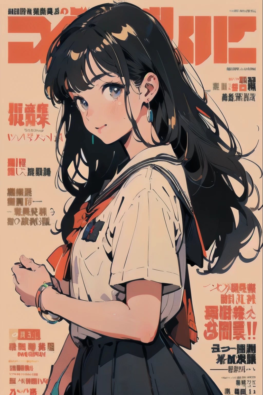 blunt bangs, orange eyes, black hair, Vector illustration,beautiful anime-style girl, clean small surfaces, Lofiato, Cute 1 girl, highest quality、ウルトラ - High resolution、High resolution、Highly detailed CG、8k unit wallpaper、17 years old、detailed and beautiful eyes, (((school dress: 1.5)))、vtuber full body model、(shiny body,:1.5)、short sleeve、((From the side:1.5 , With a cheek cane))、(dynamic pose:1.1)、(magazine cover:1.4),blush, Sweat, please be shy、(Ahegao:1.5), stick out your tongue a little