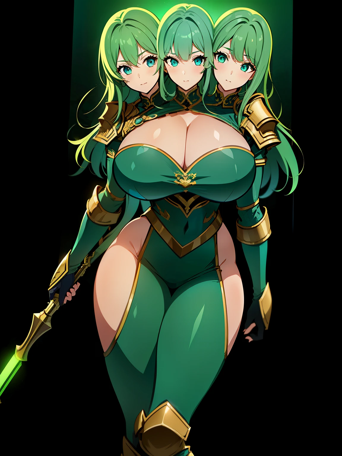 (masterpiece),(ultra-detailed), (high quality), (high resolution), (best quality:1.5, highres, UHD), highres, absurdo, ultra detail, ultra quality, (2heads:1.5), 1girl, (long hair), light green hair, glowing light blue eyes, cleavage, thighs, (green armor), female warrior, insignia, (fully armored), (medieval outfit), hammer weapon, armored chest piece, gorgeous female knight, Guild Clothes with Armor, ((mature woman)), seductive silhouette, cleavage, smooth and lustrous skin, sexy proportions, slim legs, ((beautifully tall and slim woman)), futuristic city