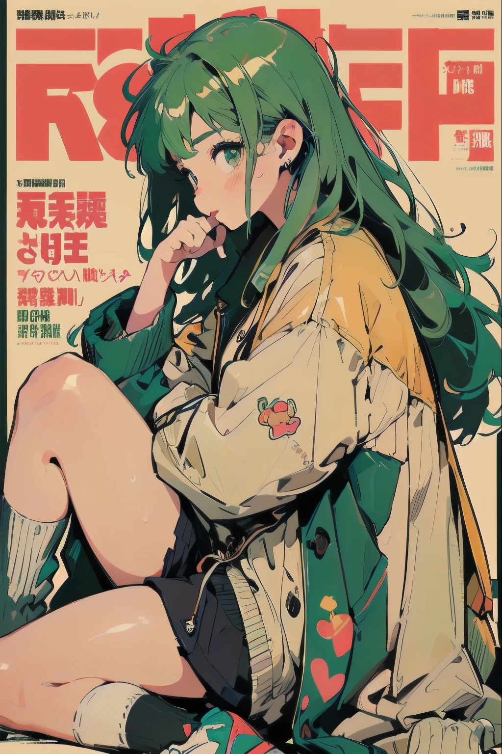 green eyes, green hair, Vector illustration, Lofiato, Beautiful Girls in Anime, clean small surfaces, (magazine cover:1.4), ((From the side:1.5))、((Stare at me while I sleep)), (dynamic pose:1.3), (lots of stickers on clothes:1.5), 1 cute girl, highest quality、ウルトラ - High resolution、High resolution、Detailed CG、8k unit wallpaper、17 years old、fine and beautiful eyes, long hair、(((Different types of colorful super shiny trench coats)))、(((After sunburn)))、VTuber Full Body Model、(shiny body,:1.5)、((Mr.々street fashion、oversized sweatshirt hoodie、socks、tech sneakers))、blush, Sweat, please be shy、(Ahegao:1.5),、(stick out your tongue)