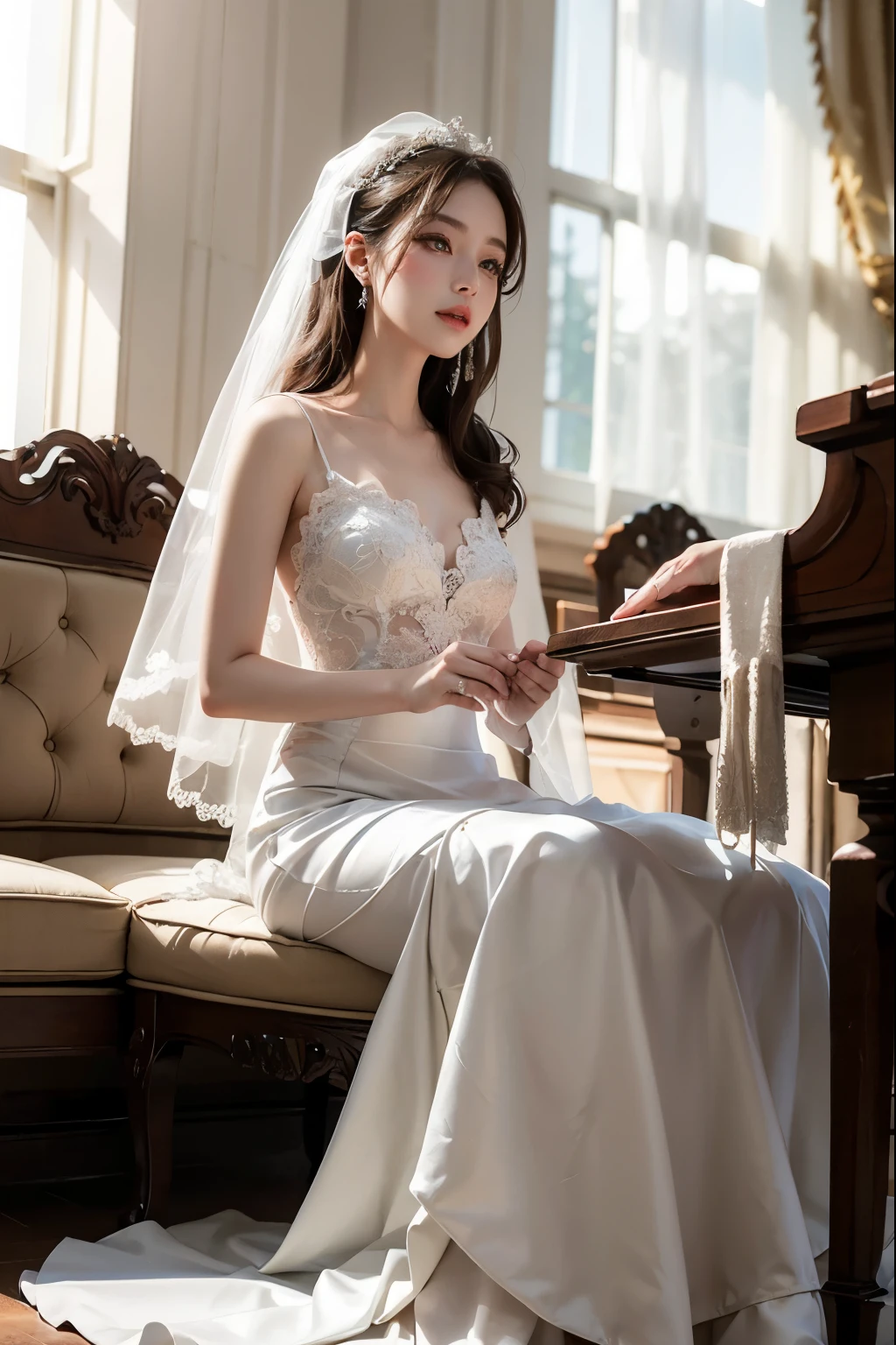 ((best quality)), ((masterpiece)), (detailed), perfect face, Araffed woman sitting in wedding dress, korean beauty, Pure white elegant wedding dress, Veil reaching to the floor, Sunlight shining on white curtains, different actions,