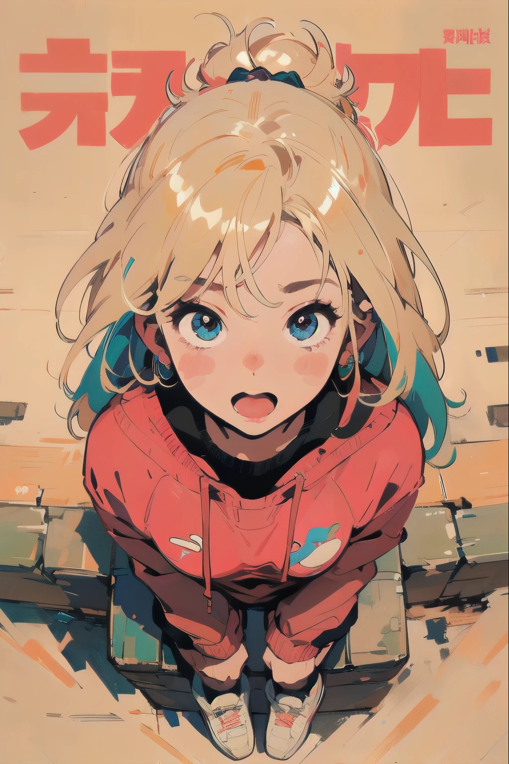 Beautiful Girls in Anime ,clean small surfaces, (magazine cover:1), ((From above:1.3))、((sit and look at me)), (Lots of stickers:1.5), 1 cute girl, highest quality、ウルトラ - High resolution、High resolution、Detailed CG、8k unit wallpaper、、fine and beautiful eyes, long hair、(((Different types of colorful super shiny latex swimsuits)))、(((After sunburn)))、VTuber Full Body Model、(shiny body,:1.5)、((Mr.々street fashion、Oversized sweatshirt、socks、tech sneakers))、Breast augmentation、blush, full of embarrassment、(Ahegao:1.5), ((portrait))