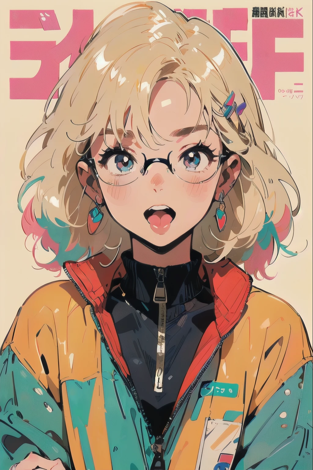 Beautiful Girls in Anime ,clean small surfaces, (magazine cover:1), ((From before:1.3))、((Glasses)), (Lots of stickers:1.5), 1 cute girl, highest quality、ウルトラ - High resolution、High resolution、Detailed CG、8k unit wallpaper、17 years old、fine and beautiful eyes, Braid、(((Different types of colorful super shiny latex swimsuits)))、(shiny body,:1.5)、((Mr.々street fashion、oversized zip-up blouson、long socks、tech sneakers))、Breast augmentation、blush, full of embarrassment、(Ahegao:1.5, stick out tongue), ((portrait))