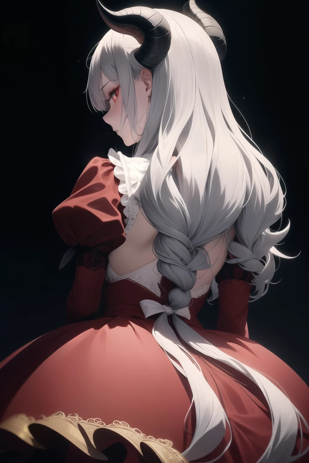 light particles, soft lighting, volumetric lighting, intricate details, finely detailed,

1girl, solo,

gray hair, long hair, down straight,demon horns2,big

red eyes, long eyelashes, thick eyelashes, looking at viewer,

red dress, ornate dress, backless dress, puffy sleeves, juliet sleeves, (long sleeves:1.2), red bow,

black background, simple background, from behind,

